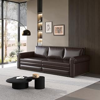 Eafurn 93.7" King Size 3-in-1 Pull Out Sleeper Sofa Bed, Faux Leather Chesterfield Loveseat Chaise with Nailhead & Rolled Arms