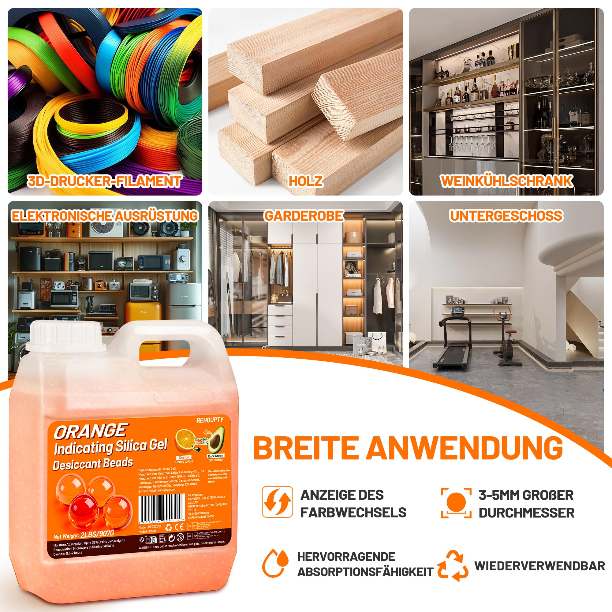 Orange Silikat Silica Gel Regenerierbar Silikat Trockenmittel 0.9kg, 3-5mm Indikator Silica Kugeln Desiccant für 3D Filament, Elektronische Geräte, Kamera, Schmuck (Enthält 10 Organzabeutel)