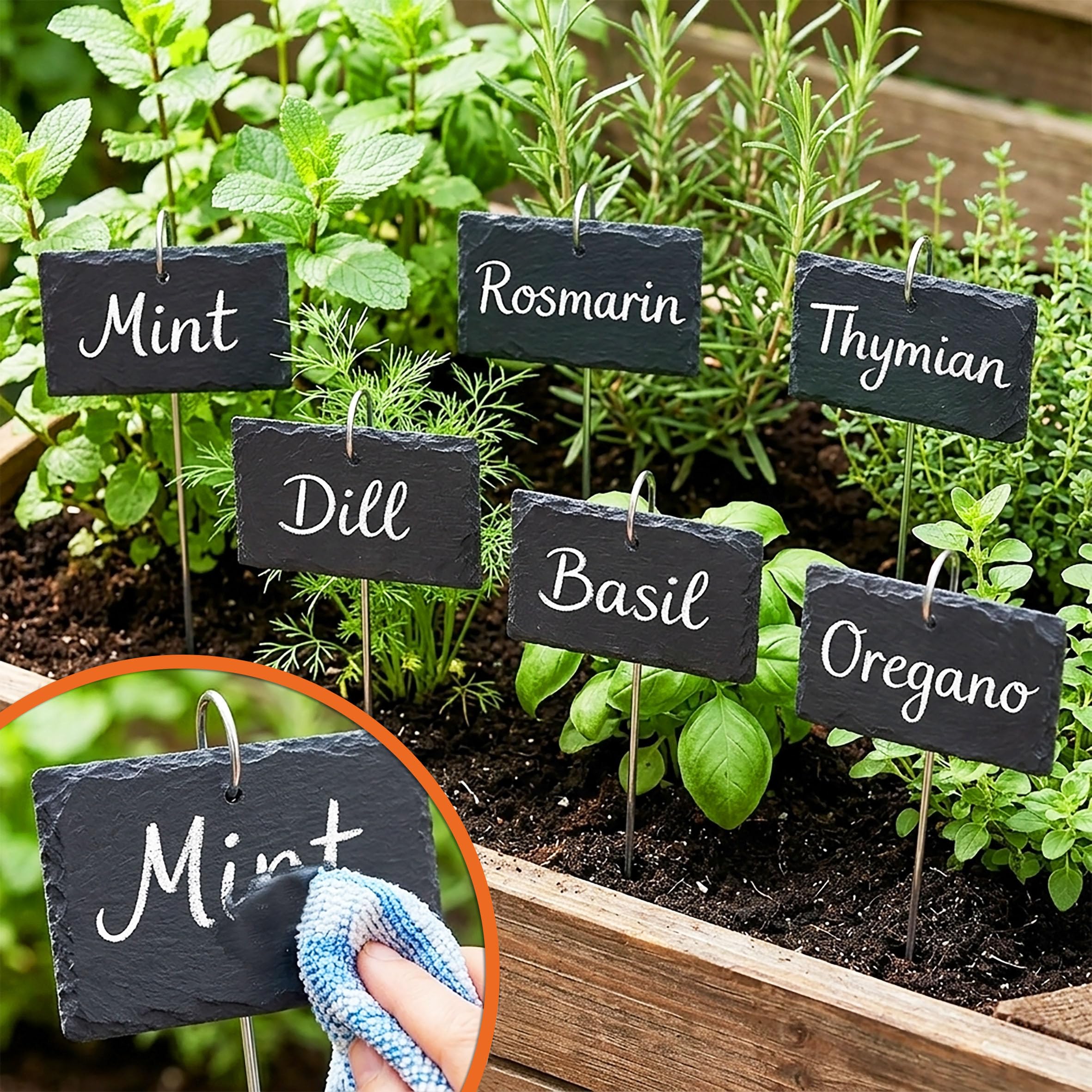 Lot de 12 plaques en ardoise avec piquet de terre - 10 x 7 cm - Avec piquet en métal - Résistant aux intempéries - Pour jardin, parterre et herbes