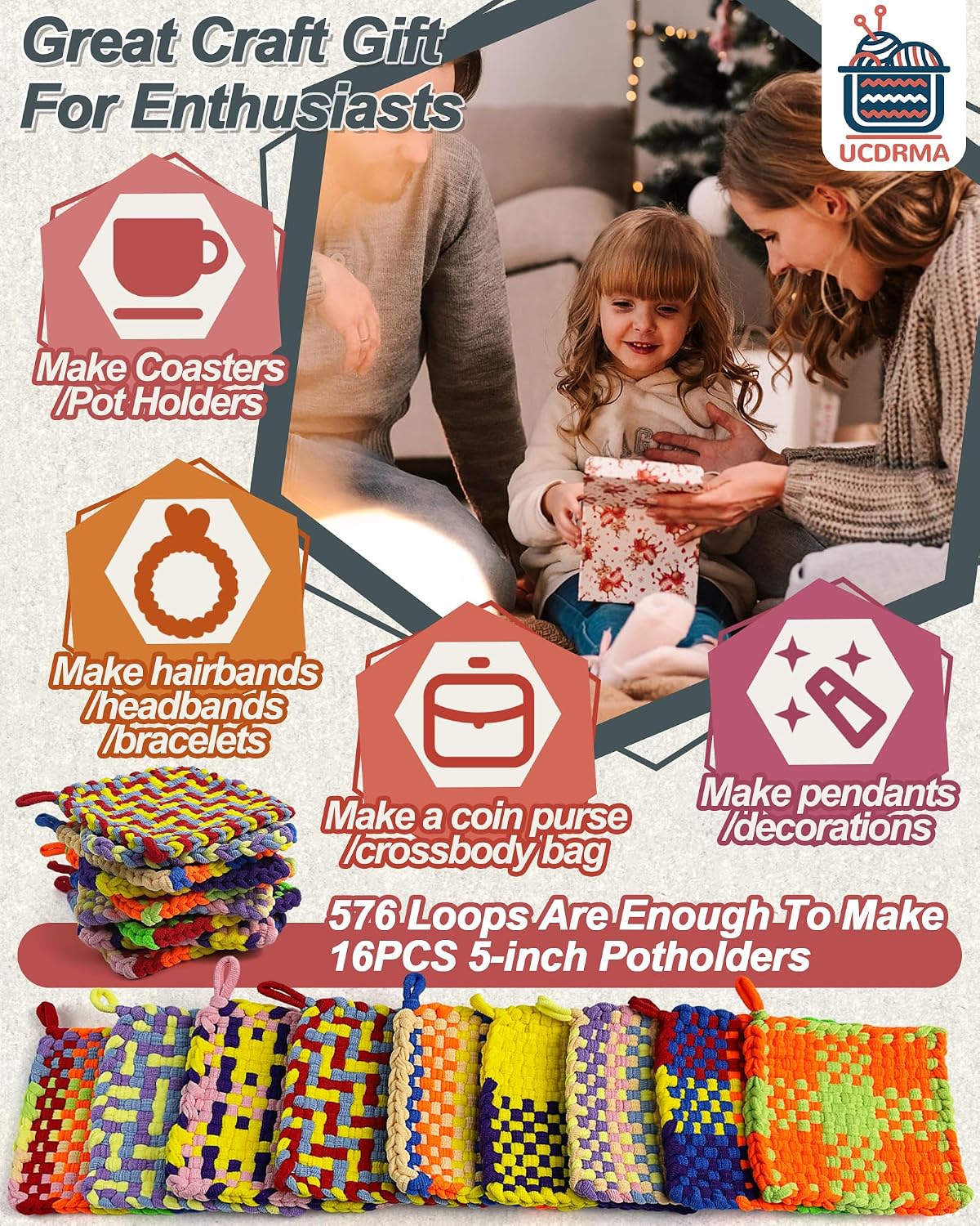 UCDRMA Loom Loops Refill for Potholder Weaving Loom Kit, 576PCS in 12 Rainbow Colors Weaving Loom Refill Loops for 7in Loom to Make 16 Potholders, Stretchy Pot Holder Loop Nylon Craft Bands Set