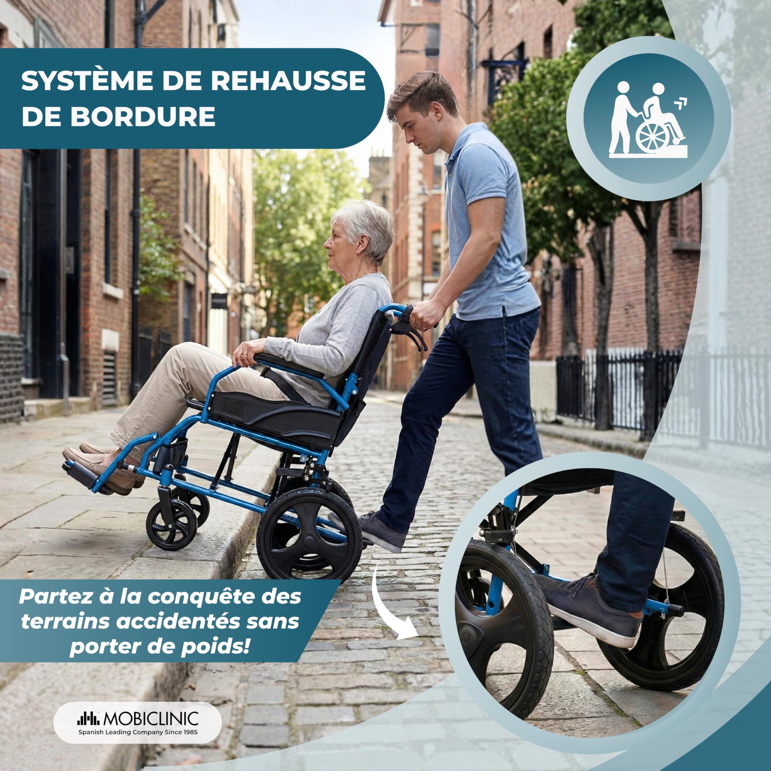 Mobiclinic®, Fauteuil Roulant Pliant Léger, de Transfert, Dossier Rabattable, Repose-Pieds Rabattables, Double Système de Freinage, Acier Renforcé, Jusqu'à 100 kg, Léger et Compact, Faraón