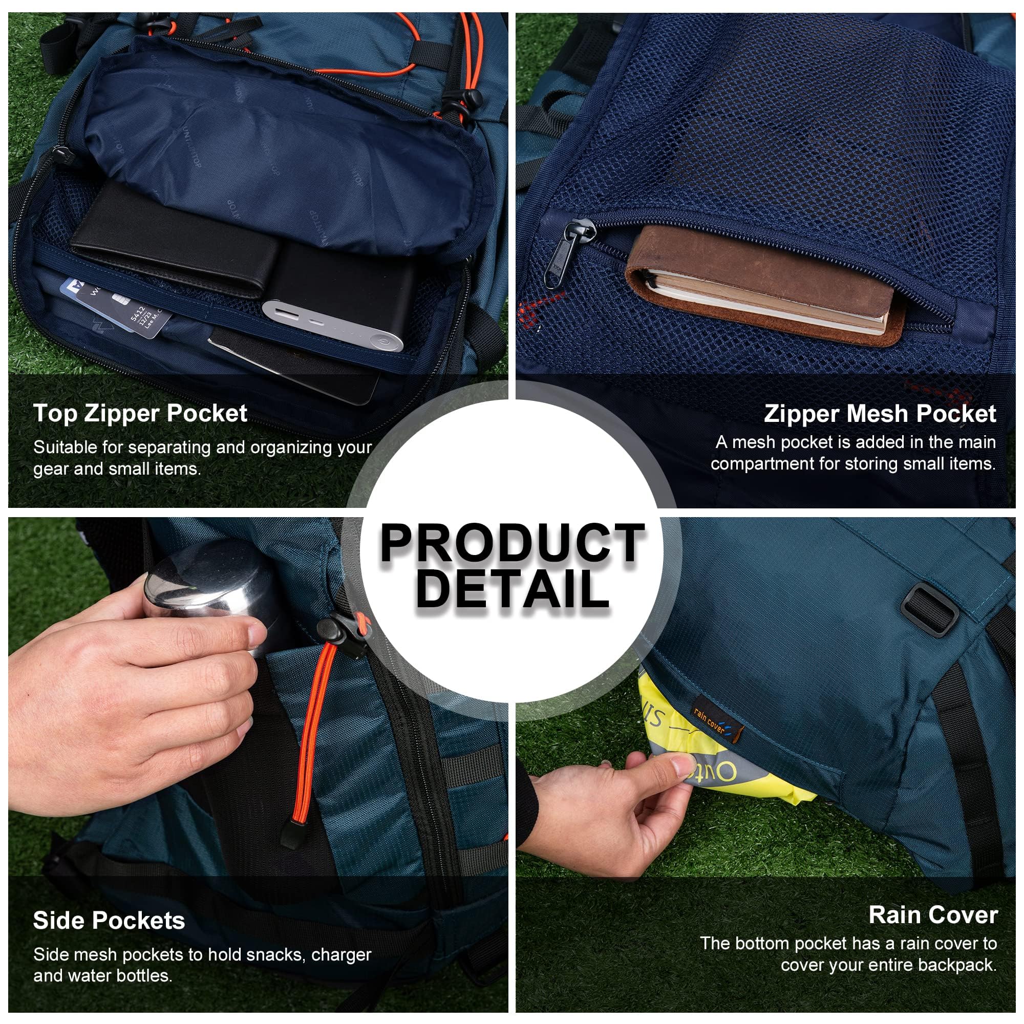MOUNTAINTOP Mochila Trekking 35L Hombre Mujer Impermeable Viaje | Ideal para montaña senderismo y viajes, funda de lluvia incluida, cremalleras YKK, espalda ventilada cinturón acolchado
