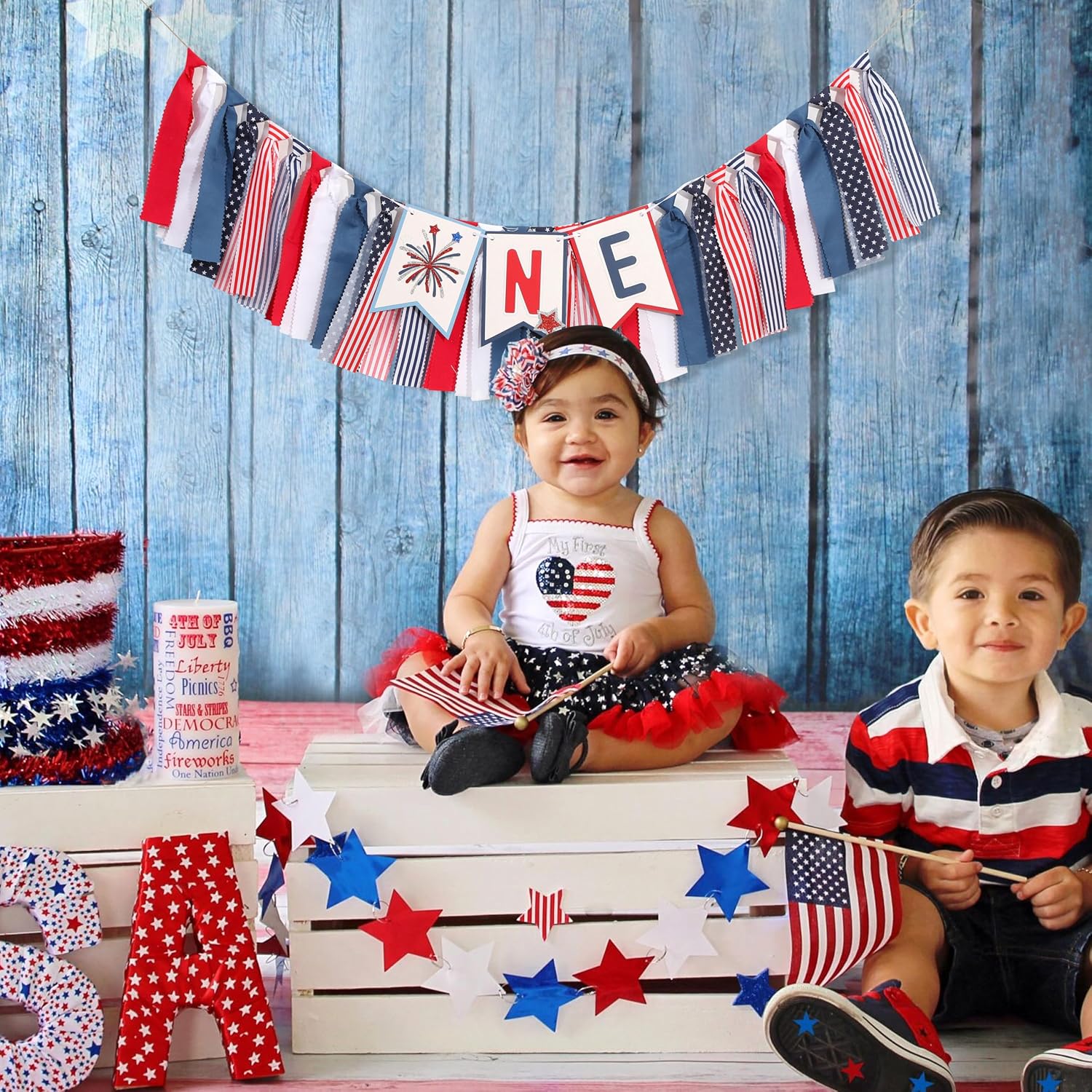 Red White and Blue 1st Birthday Highchair Banner - Patriotic Fourth of July Party Decoration, ONE Banner for Baby's First Birthday, Independence Day Photo Props, Cake Smash Decor, 4th of July Party Supplies