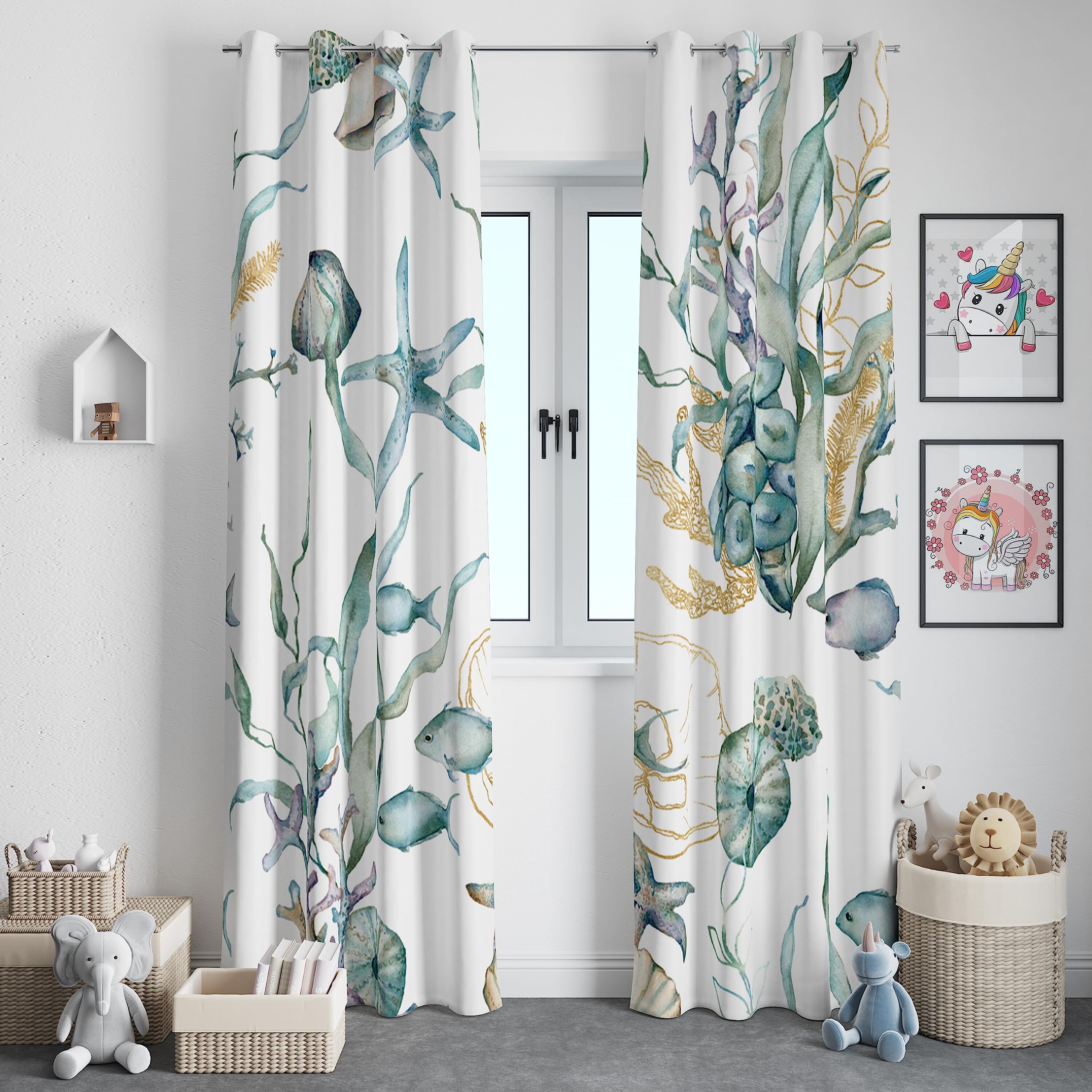 Llylumty Ocean Beach Curtains,Watercolor Underwater Gold Shell Coral Underwater Animals Plant Seaweed Home Decor Grommet Window Drapes for Bedroom