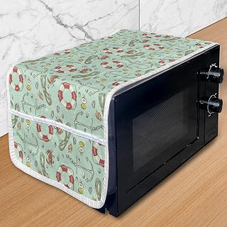 Lunarable Nautical Microwave Oven Cover, Life Shell Stones Crab Underwater Adventure Navigation Sailboat, Water Resistant Organizer with Pockets for Kitchen, 36" x 12", Mint Green Red Orange