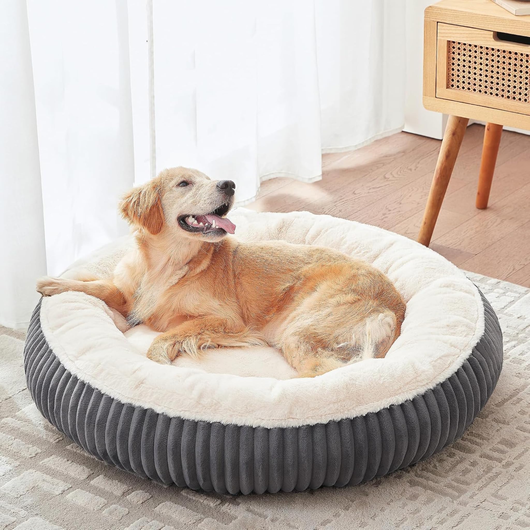 SANNAX XL Donut Calming Dog Bed, 36 Inch (91 cm) Round Pet Bed with Removable Washable Cover, Charcoal Corduroy & Cream Faux Fur, Anti-Slip, for Dogs up to 80 lbs (36 kg)