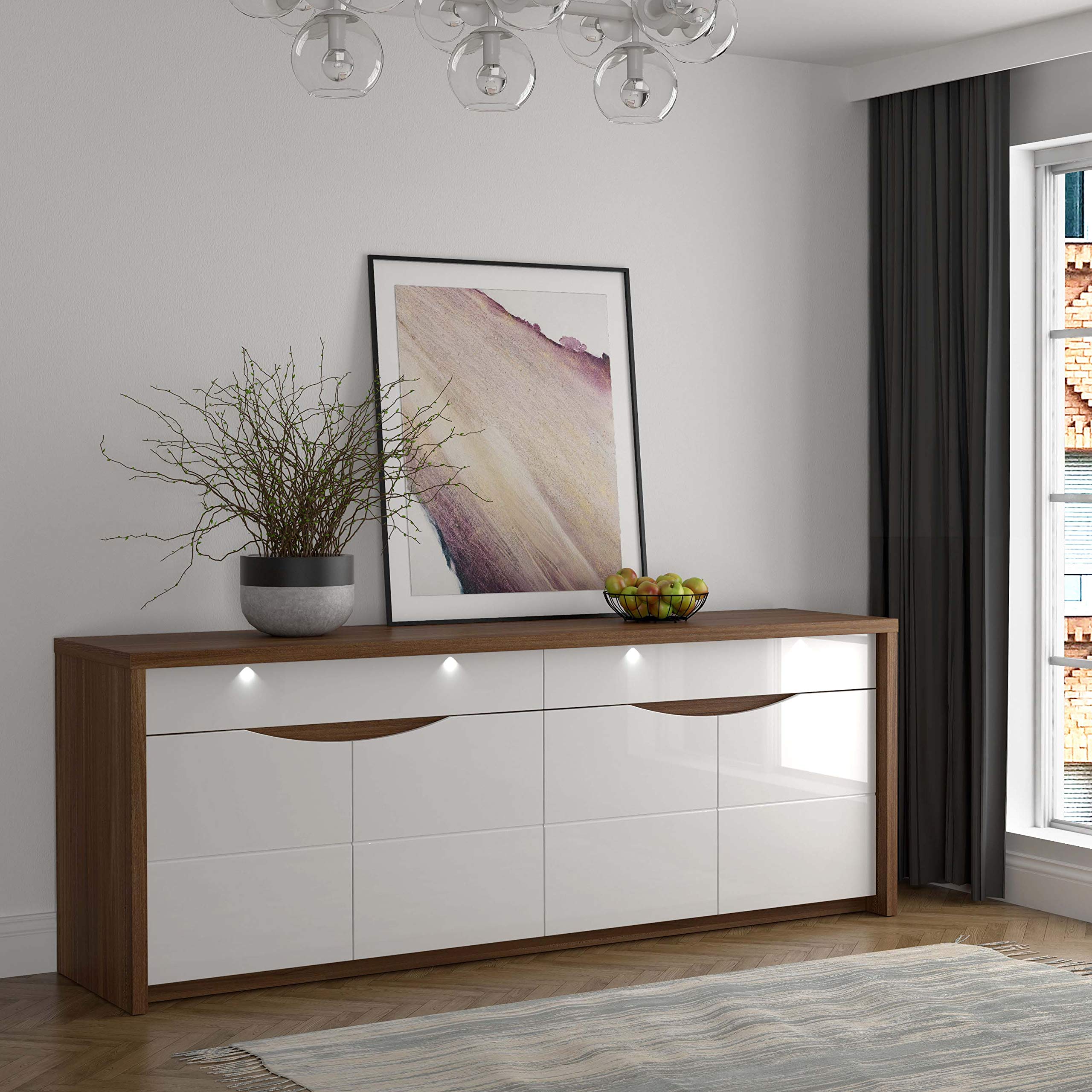FORTE Saint Tropez komoda z 4 drzwiami i 2 szufladami, materiał drewnopochodny, dąb Sangallo/biały połysk, 52,6 x 224,4 x 83,6 cm