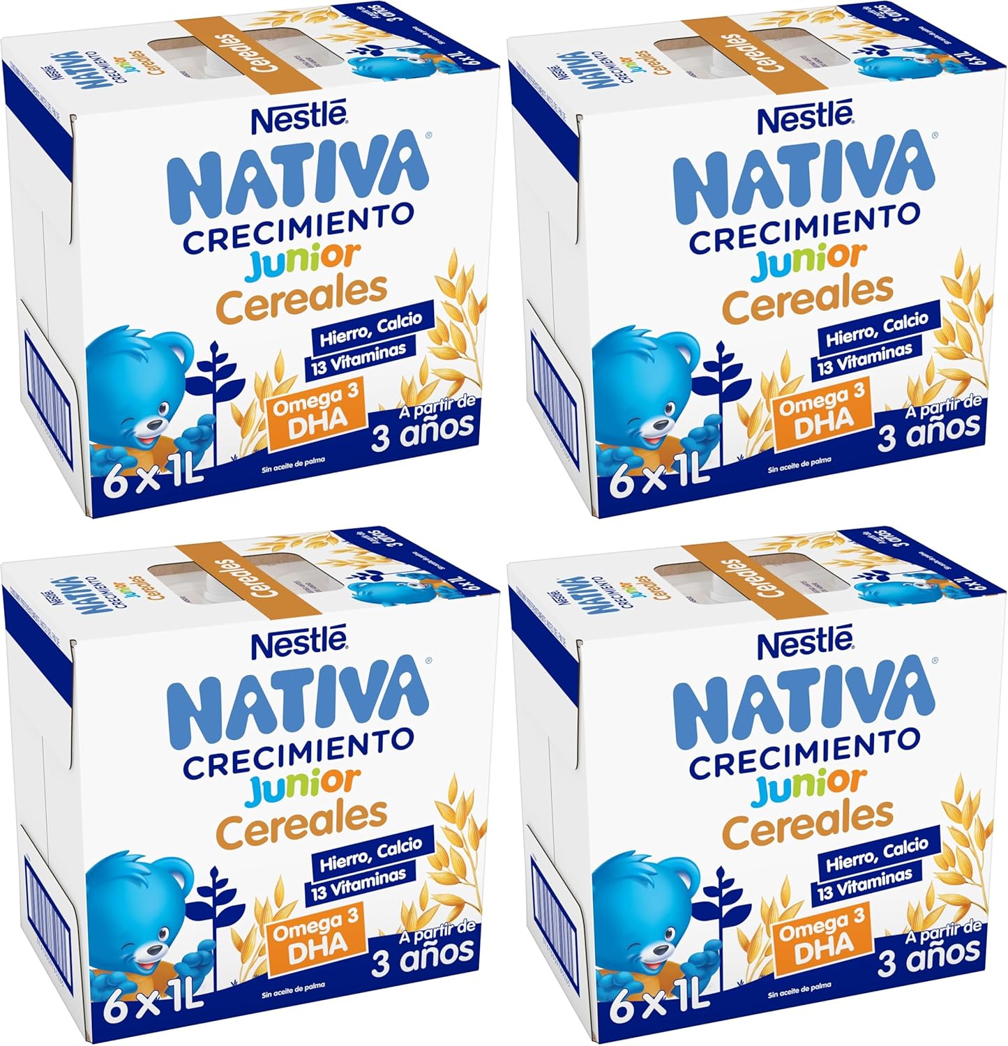 NESTLÉ NATIVA Crecimiento JUNIOR Cereales. Leche crecimiento líquida para niños a partir de 3 años - 6 bricks de 1L (Paquete de 4)