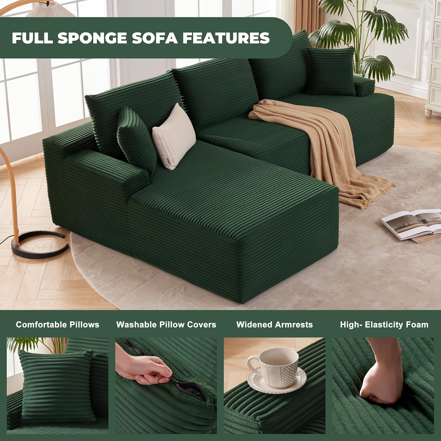  Cloud Sectional Couch, Modular Sectional Sofa for Living Room, Fluffy Comfy Couch with L-Shaped Chaise, Boneless Sofa with Deep Seat, No Assembly Required, Green thumbnail