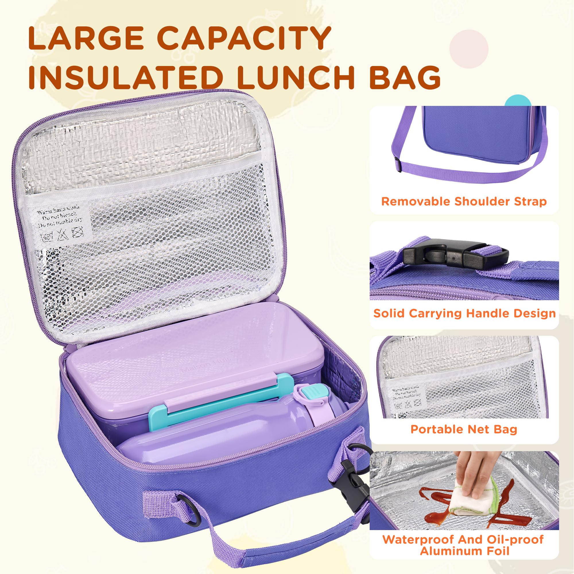 Maison HUIS Boîte à bento pour enfants avec thermos à soupe de 236,8 g, sac à déjeuner isotherme et bouteille d'eau de 500 ml, boîte à bento à 2 compartiments avec poche de glace intégrée, étanche et