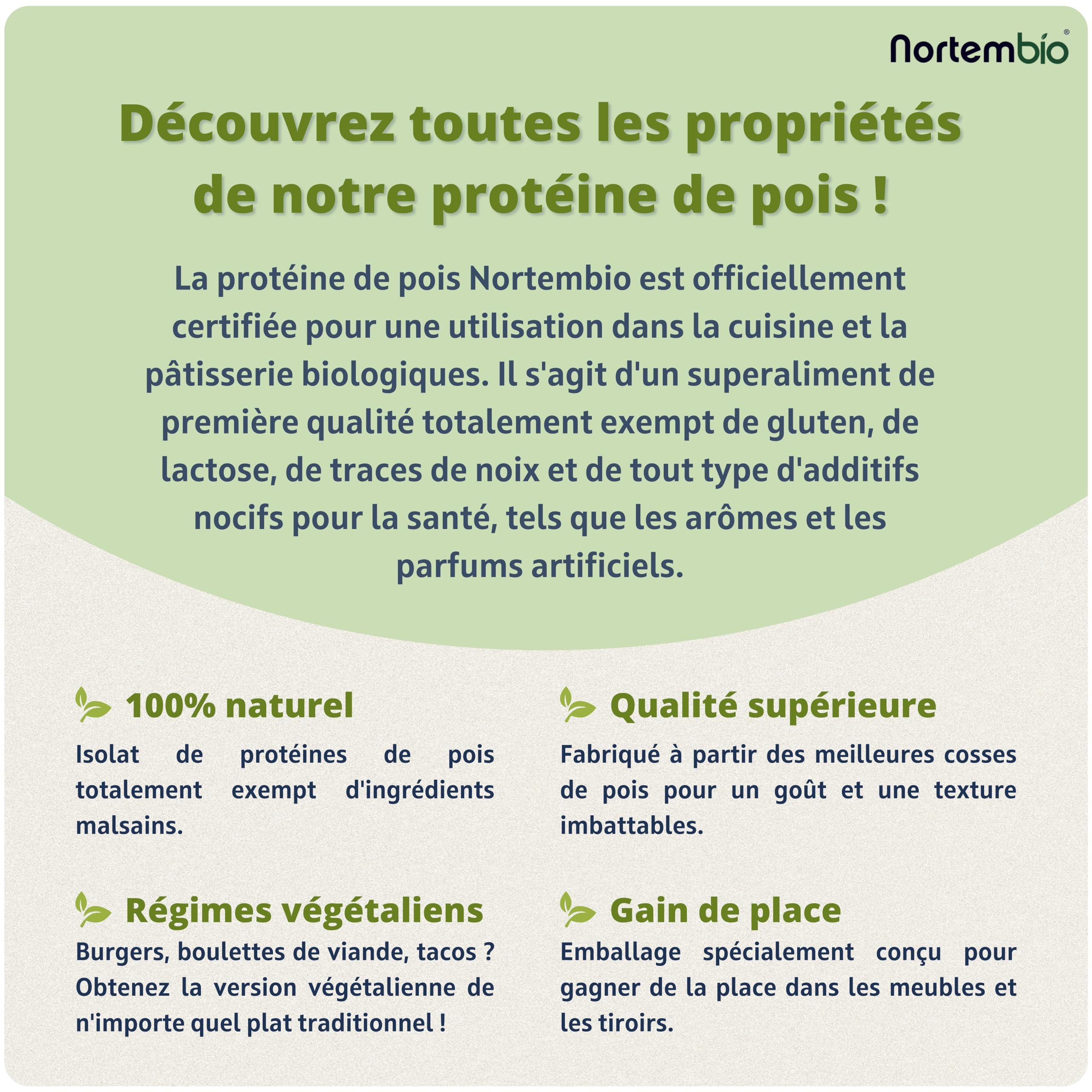 Nortembio Protéine de Pois ISO 700 g Biologique. Sans Saveur. Origine 100% Naturelle. Protéine de Pois Isolée pour Végétaliens. En Poudre. Sans Sucres, sans OGM, sans Gluten.