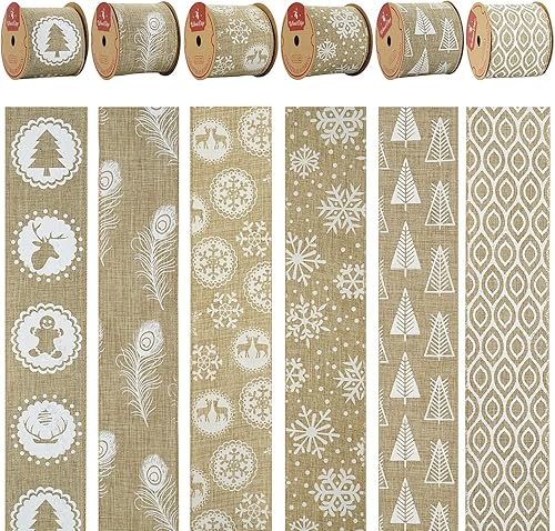 Miniatura 4 de MEEDEE - Cintas de Navidad de 2.5 pulgadas, 6 rollos, 36 yardas en total, arpillera blanca con alambre y diseño blanco, para decoración de árbol de