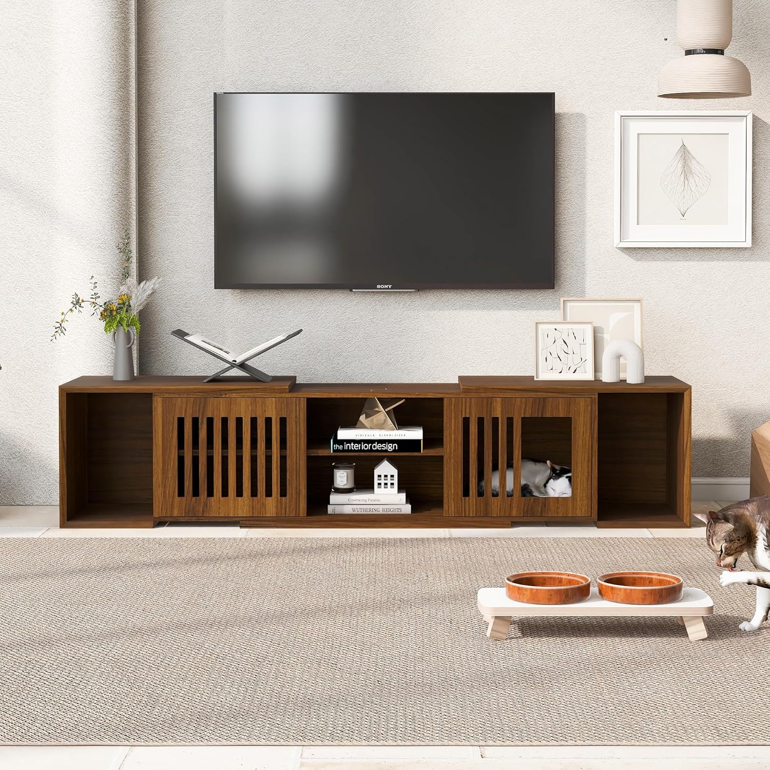 Mid-Century Morden Walnut Litter Box TV Stand, 54.3" Cat TV Stand with Storage Cat Friendly Furniture with Extendable Table Soft Cushion Sliding Door (Walnut)