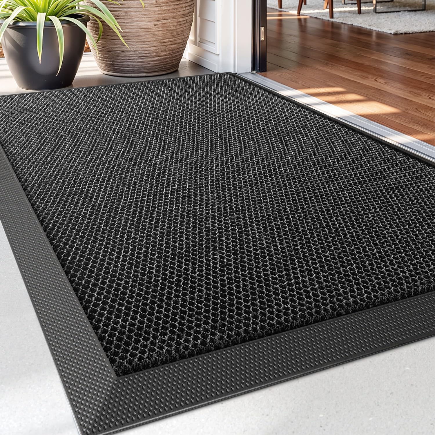 DEXI Fußmatte außen 60 x 90 cm, extrem rutschfeste Schmutzfangmatte, langlebig Fußabtreter außenbereich, robust Fussmatte Aussen wasserdichte Türmatte für die Haustür, Schwarz