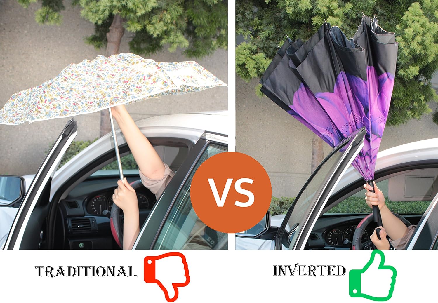 Inverted Umbrella Windproof Reverse Double Layer Umbrella with C-shaped Hands Purple Flower