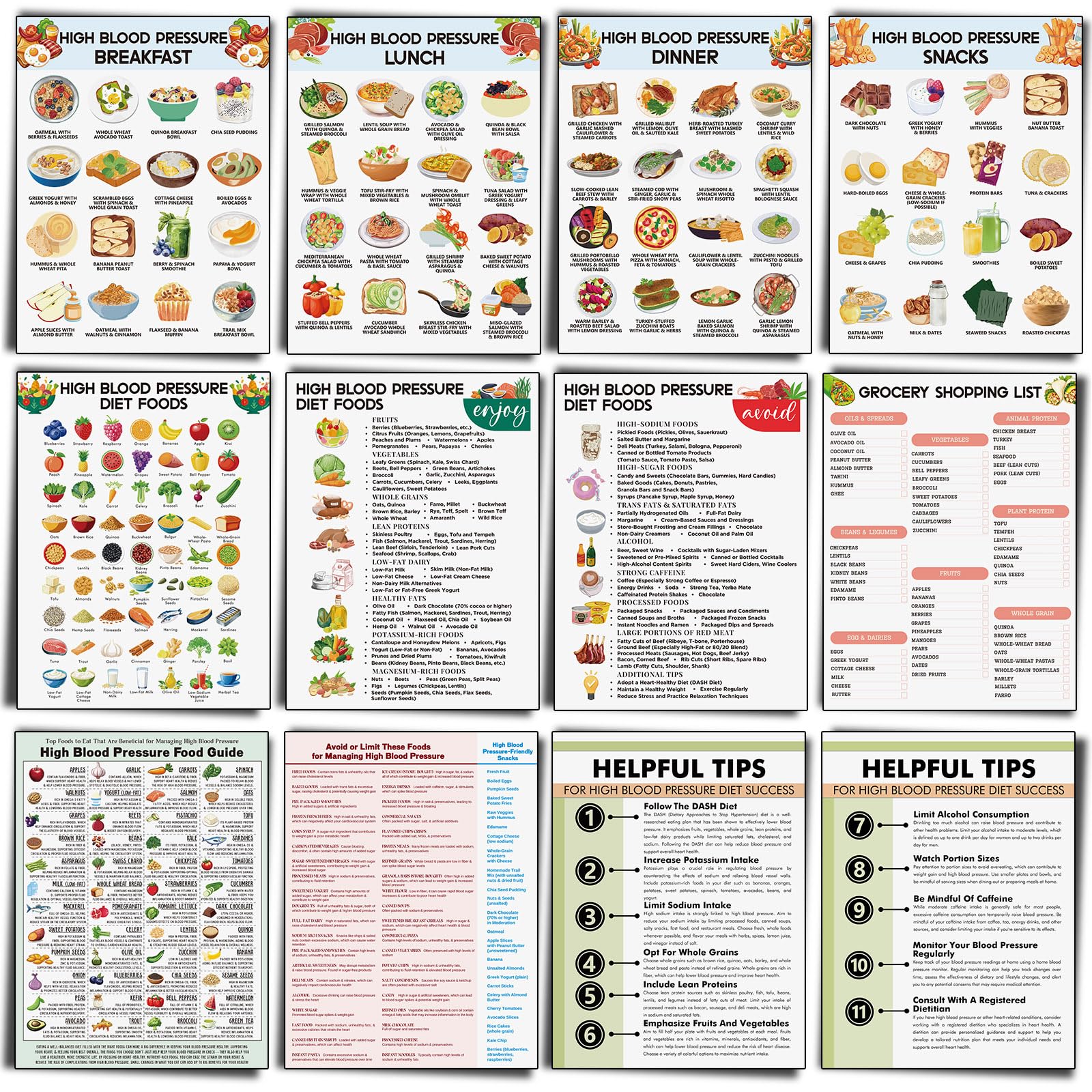 Sinload 12 Pcs High Blood Pressure Food Chart, Diet Meal List Guide