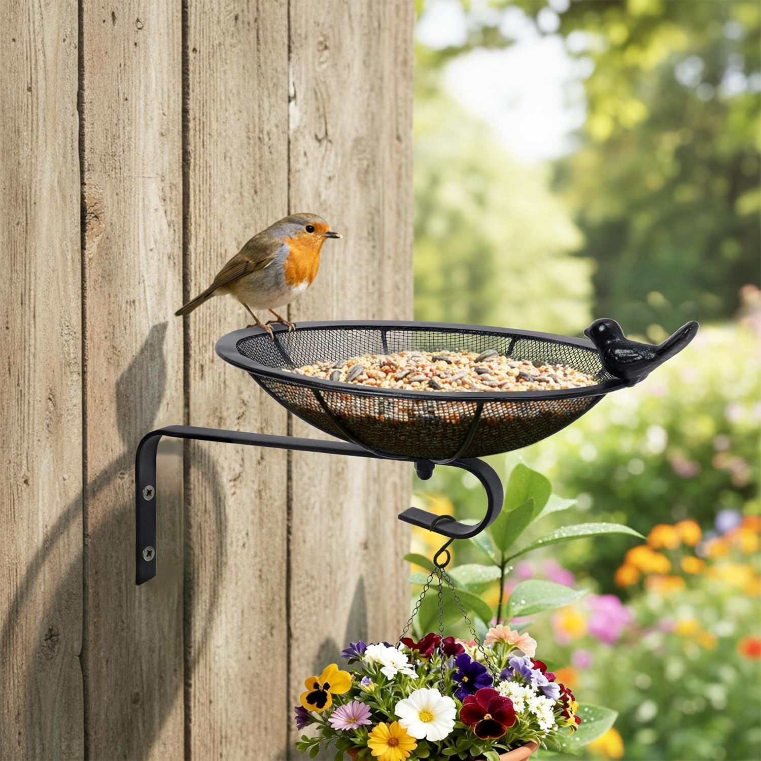 Metal Tray Bird Feeder - Spring Heavy Duty Mesh Seed Tray for Wild Birds Hummingbird, Wall Tree Fence Table Mountable Platform Feeder with Hanging Hook in Deck Balcony Garden Backyard