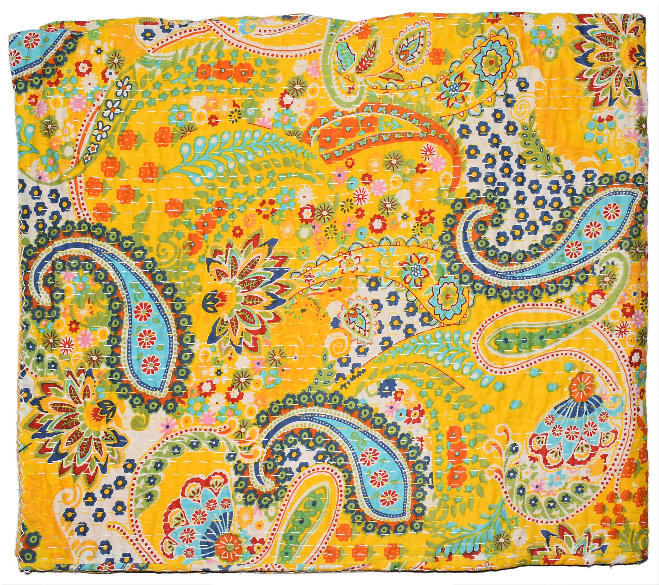 Handicrafts Plus 100% Cotton Kantha Quilt Handmade Bedspread Indian Yellow Paisley Design Blanket Home Decor Ralli Hippie Bedding Throw (Twin/Single (60x90 Inch))