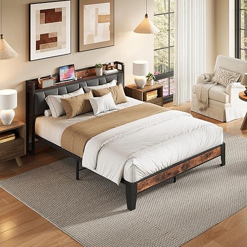 Miniatura 3 de LIKIMIO Queen Bed Frame, Storage Headboard with Charging Station, Solid and Stable, Noise Free, No Box Spring Needed, Easy Assembly