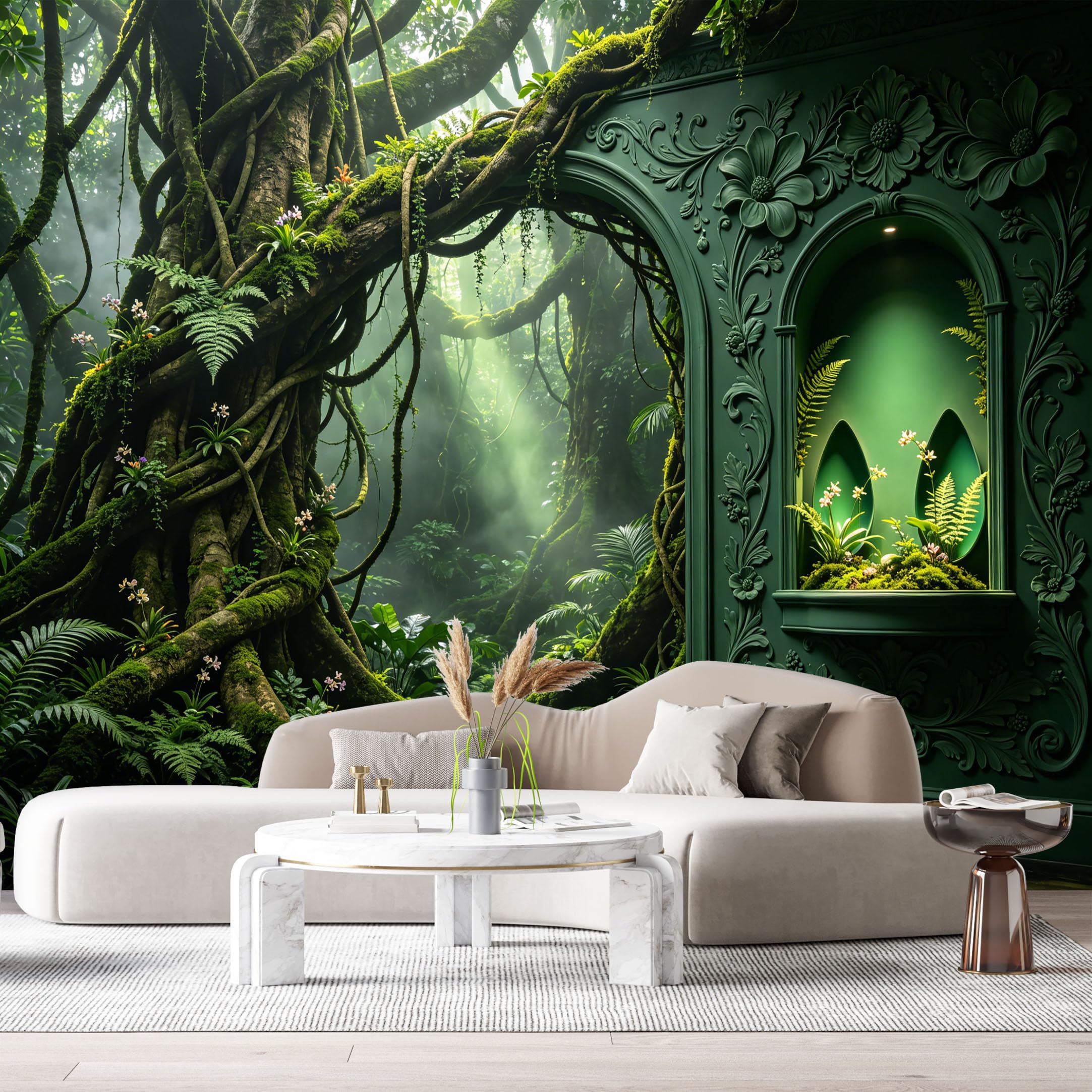 Custom Size Wall Murals Jungle Tropical Forest Architectural Mural 3D Trompe L'Oeil SelfAdhesiveWall Fabric Removable Wallpaper Wall Decor for Living Room Bedroom Bathroom