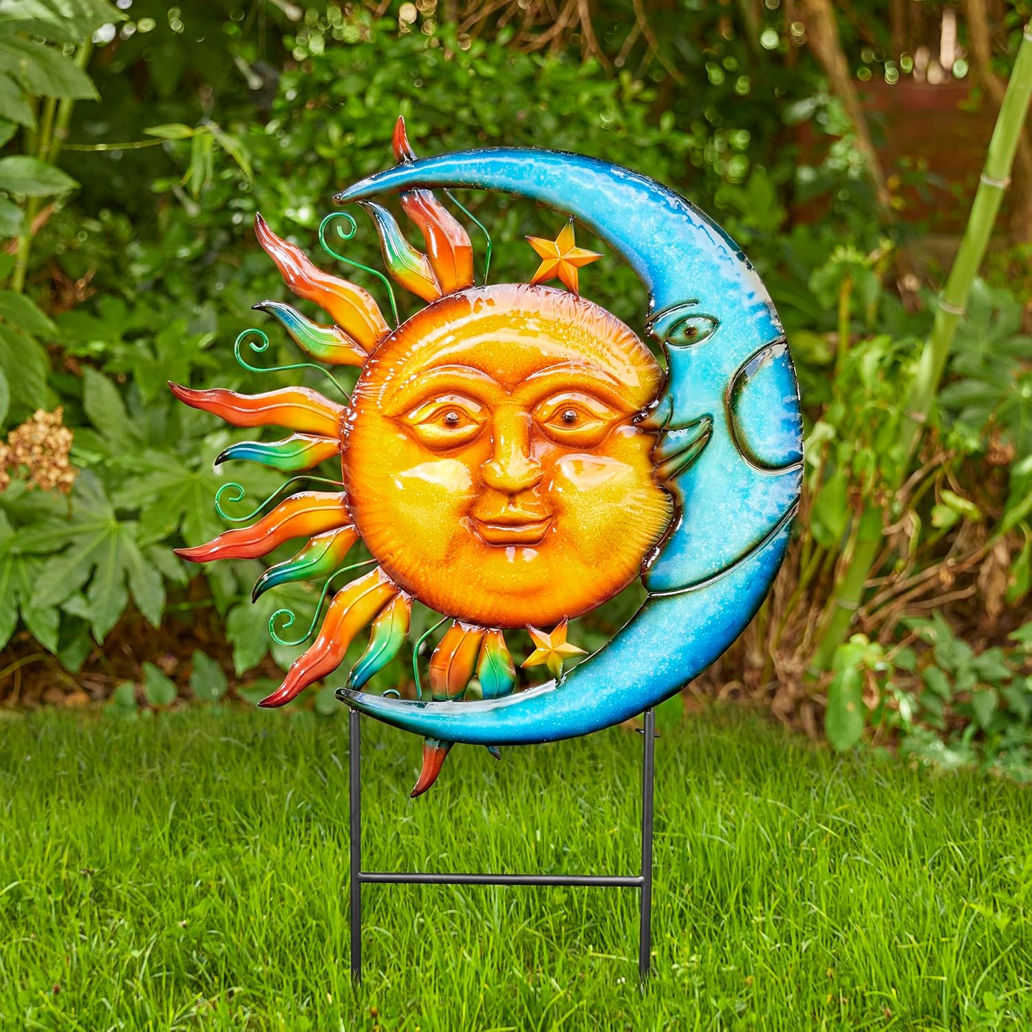 Glitzhome 36.25" H Metal Sun and Moon Garden Stake Decor, Rustic Sun and Moon Yard Art or Antique Wall Decor Outdoor Decorative Garden Decor