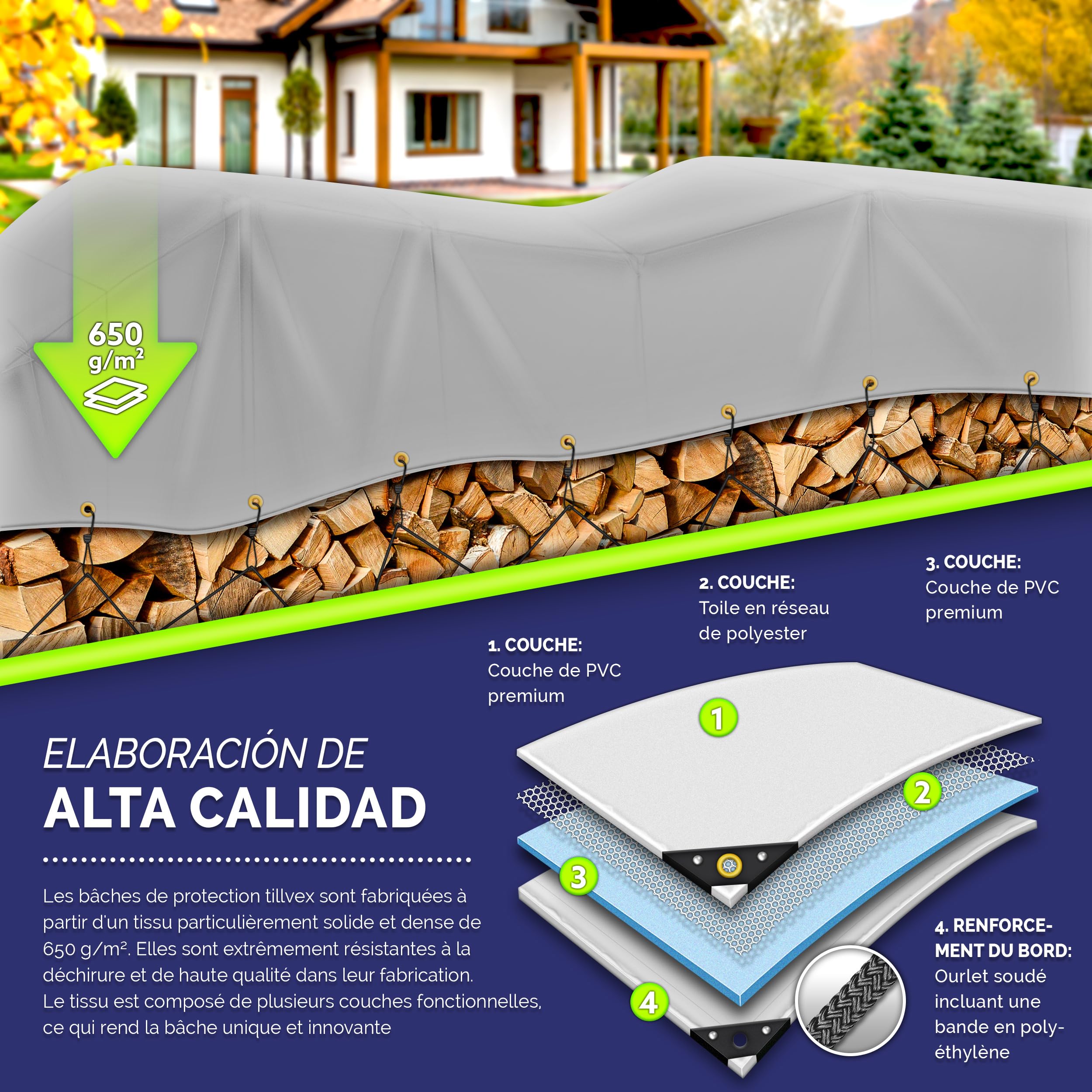 tillvex® Bâche de Protection avec Oeillets + 10 Crochets et Corde de 15 m - Bâche en Tissu 650 g/m² imperméable et indéchirable - Bâche PVC Universelle Exterieur, Camion, Piscine, Meubles de Jardin