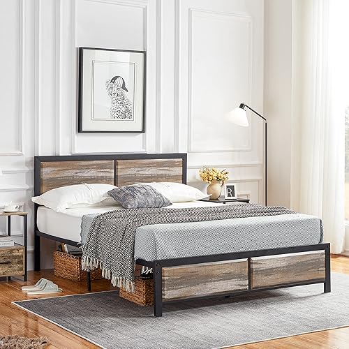 VECELO Full Size Platform Bed Frame with Grey Oak Vintage Wood Headboard, Mattress Foundation, Strong Metal Slats Support, No Box Spring Needed