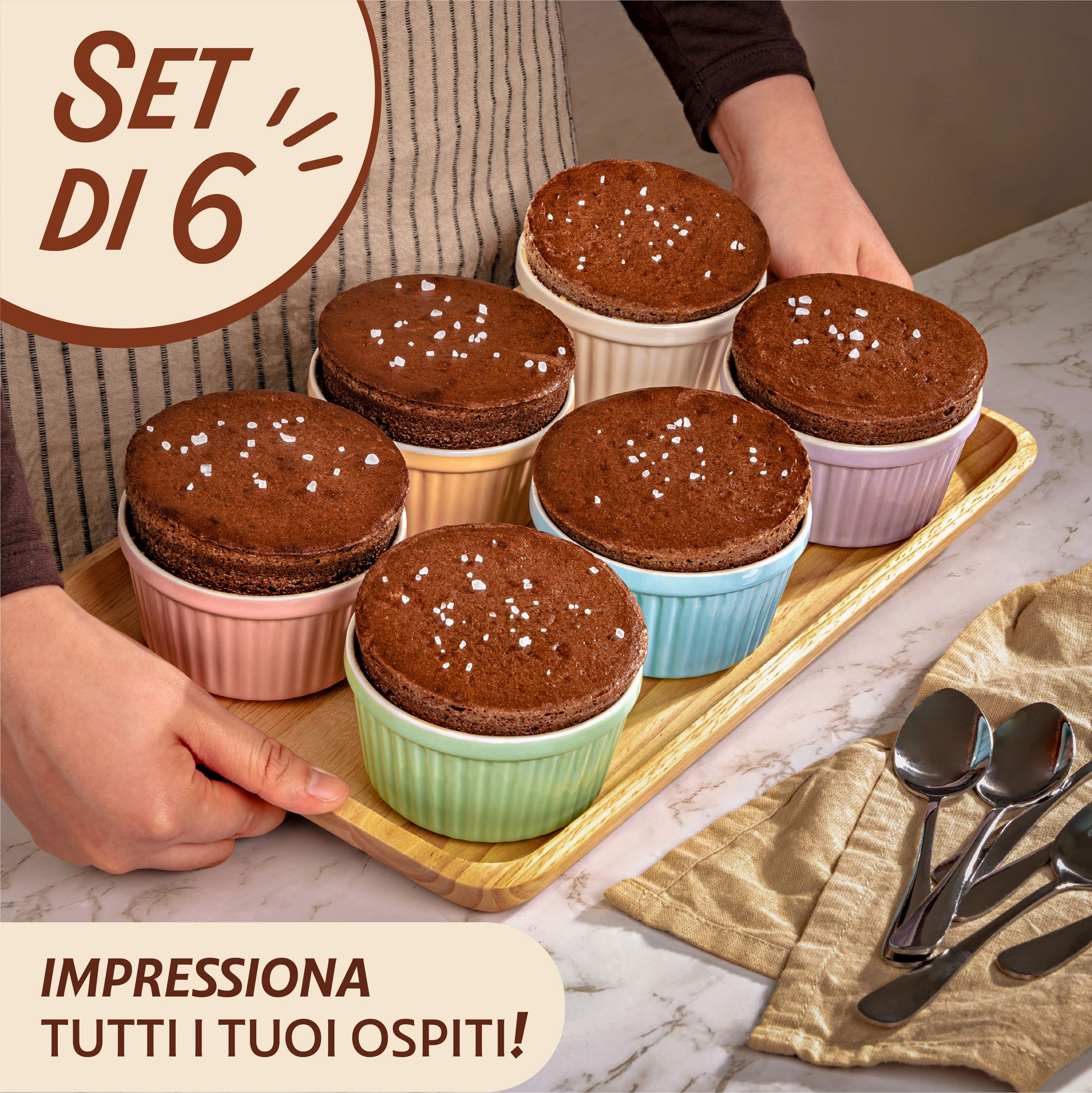 Praknu 6 Pirottini in Ceramica - Adatti per uso in Forno - 200 ml - ø 9 cm - Impilabili - Rivestimento Antiaderente - Imballaggio senza Plastica
