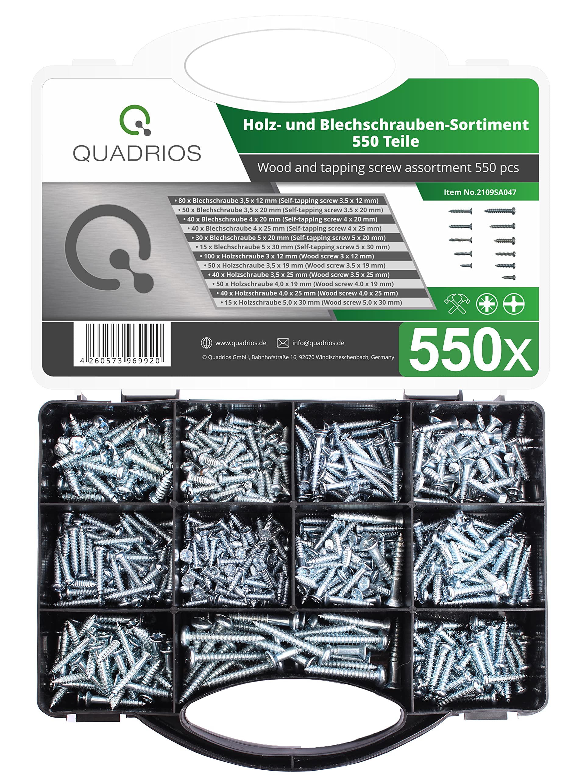 SET VITI PER Legno E Lamiera 550 Pezzi In Scatola, Testa Svasata