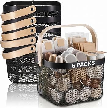 Roshtia Small Black Metal Wire Storage Basket with Wooden Handle, Farmhouse Countertop Organizer Bin for Bathroom, Pantry, Coffee Bar, Shelf Storage, Decorative Basket 8.46 Inch