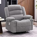 Rocker Recliner Chair with Heat and Massage, 360° Swivel Recliner Chairs for Adults, Oversized Recliner Single Sofa Seat with Cup Holders, Lazy Boy Recliner Single Sofa, Grey