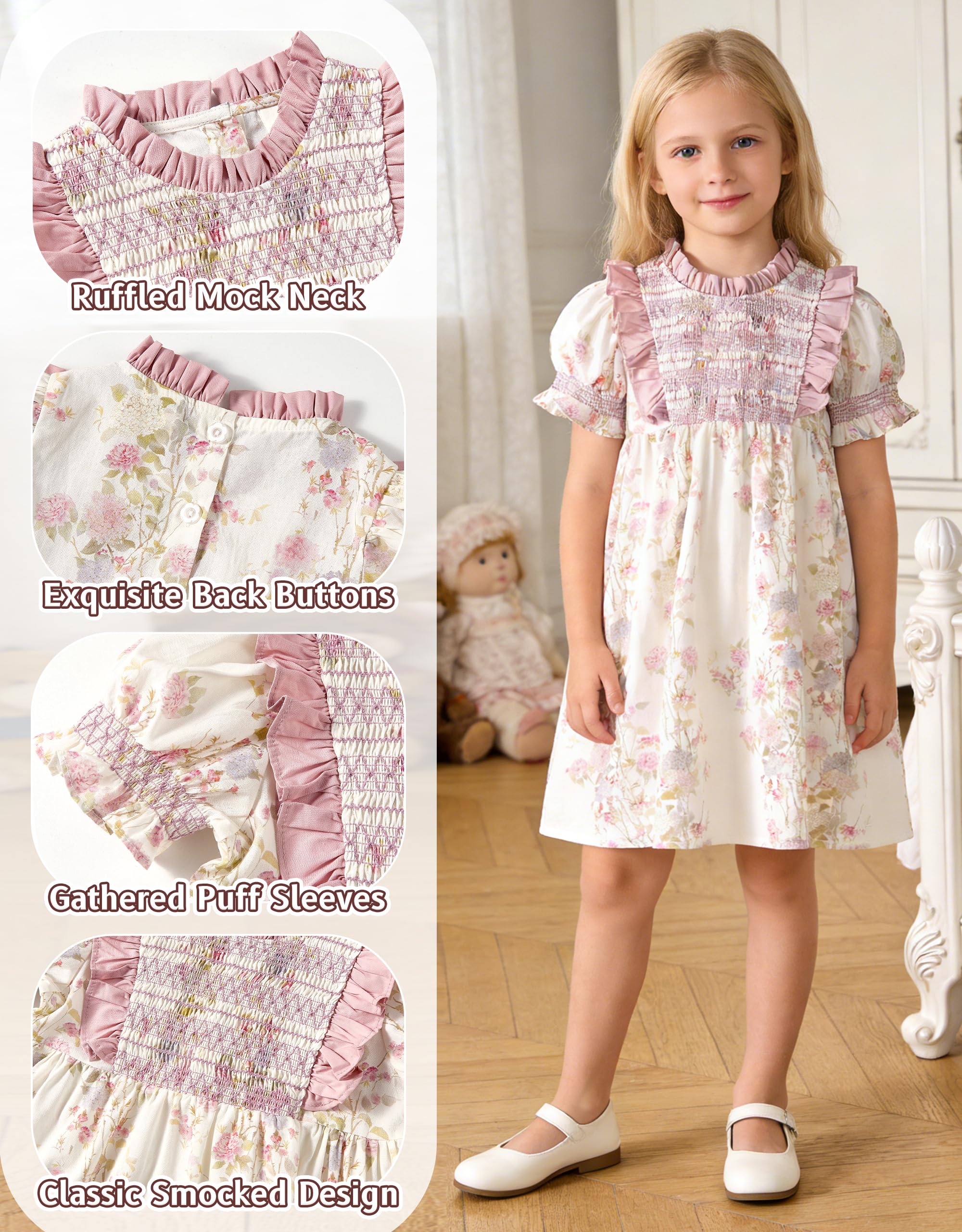 Miipat Vestidos de Algodón para Niñas, Vintage Vestidos Estampado Floral Fruncidos de Verano Mangas Abullonadas y Cuello Peter Pan Vestido Casuales para Niños