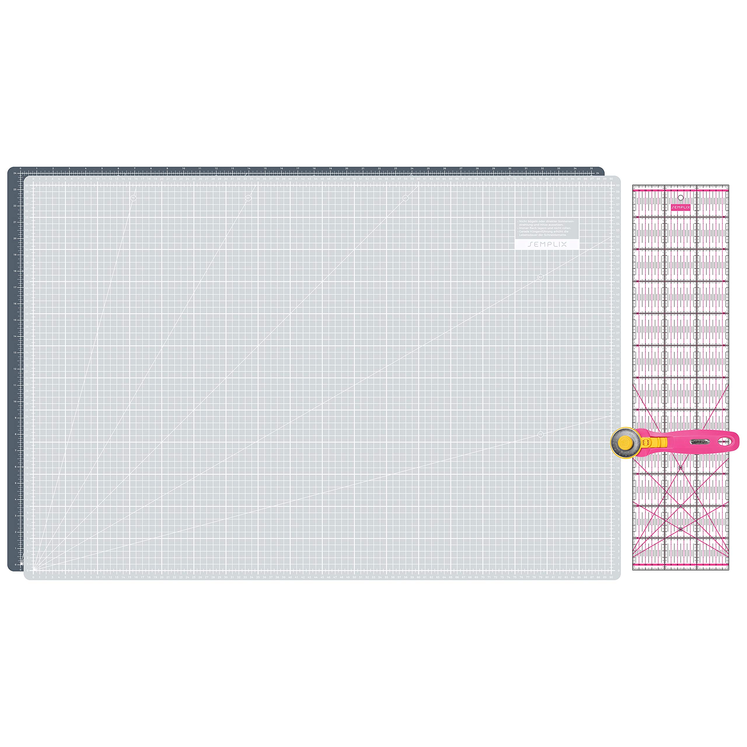 SEMPLIX Zestaw mat do cięcia – podkładka do cięcia 90 x 60 cm (A1), nóż krążkowy Maxi 45 mm, linijka Patchwork 60 x 15 cm (szara/różowa)