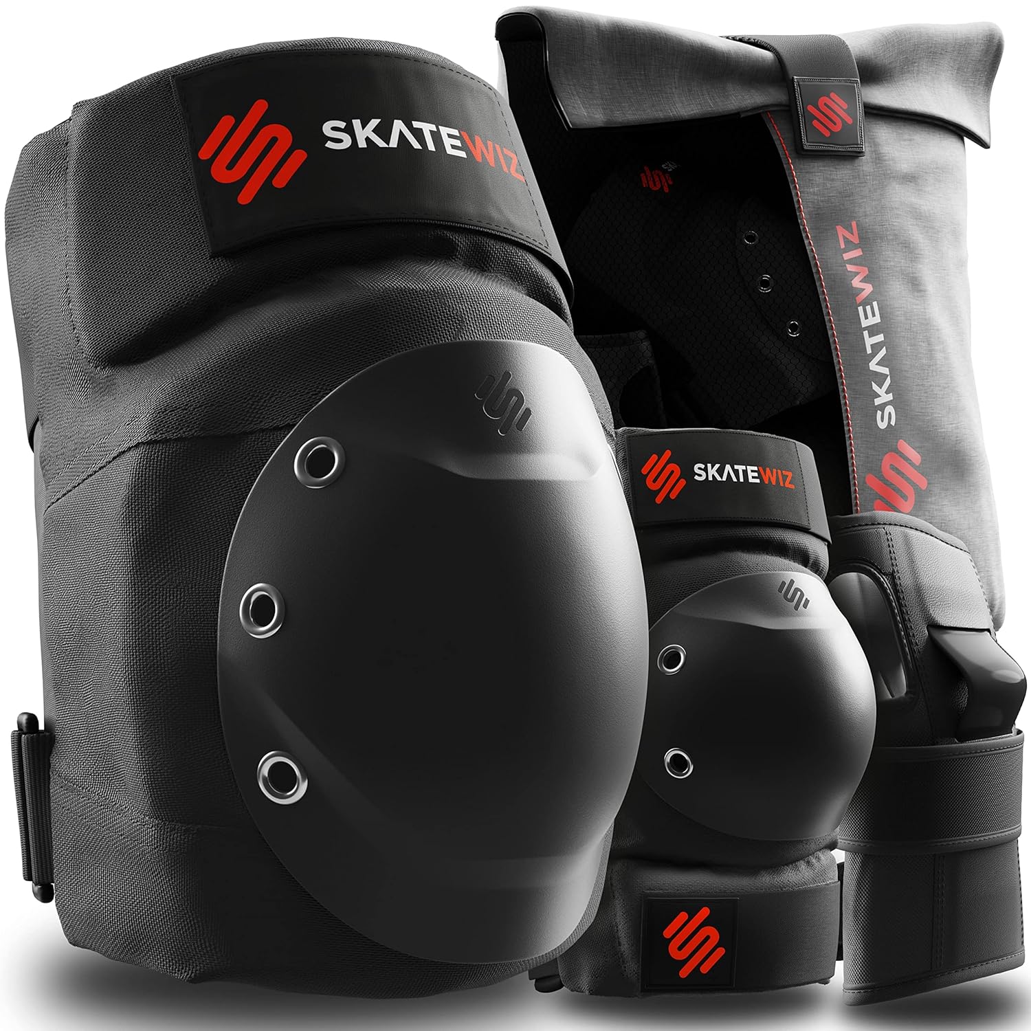 SKATEWIZ Knee and Elbow Pads Adult – Skating Protective Gear Adult Knee and Elbow Pads Set with Wrist Pads – SHIELD – Size M/L Black – Roller Skate Protective Gear for Women & Men