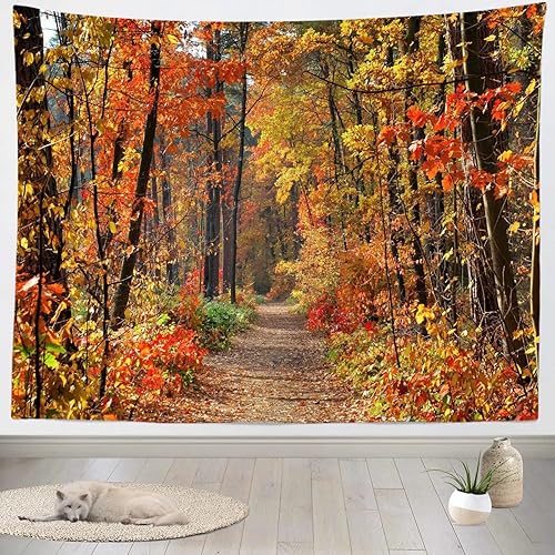 Miniatura 7 de Loccor Tapiz de bosque otoñal de 60 x 50 pulgadas, tapiz de hojas de arce caído, árboles amarillos, camino extra grande, para colgar en la pared,