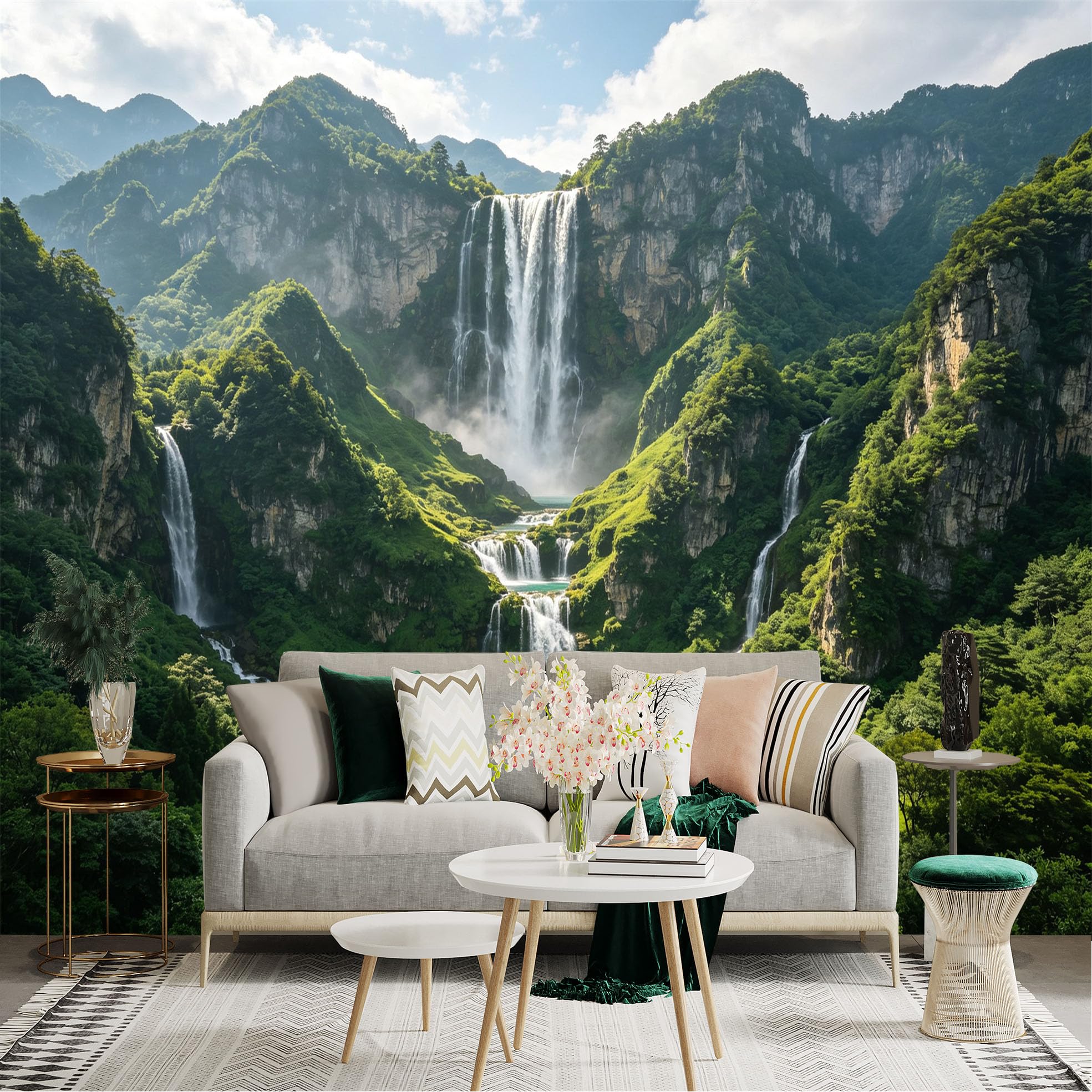 Custom Size Wall Sticker Mural， Majestic Waterfall in Lush Green Mountains， Tropical Forest Scenery， Calm Lake， for wall Decoration， peelandstick wall Decals.