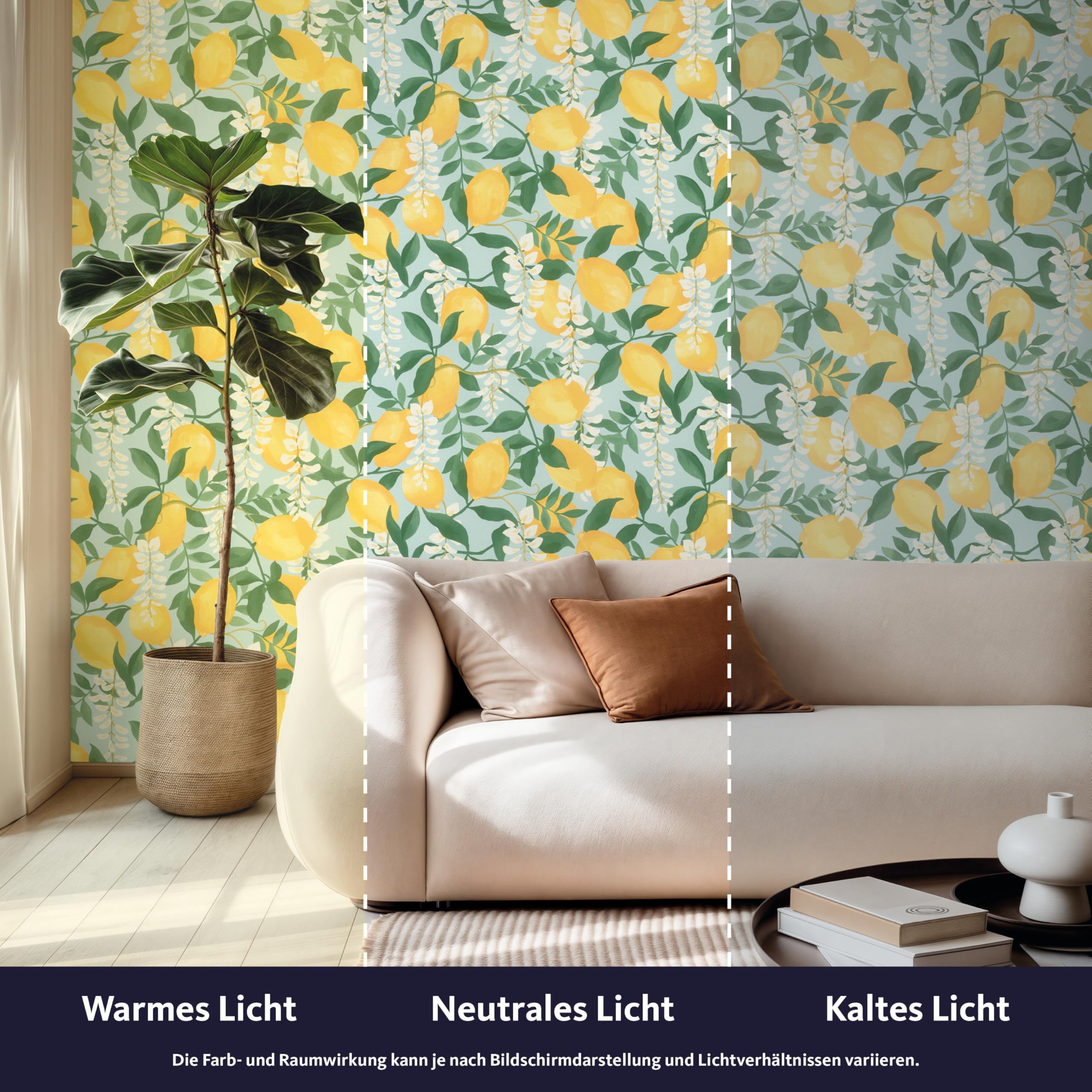 Rasch Papel pintado autoadhesivo de limón Portofino, papel pintado texturizado mediterráneo en amarillo, verde y blanco, fácil de colocar sin pegamento con tecnología adhesiva Tesa, 6,00 m x 0,53 m