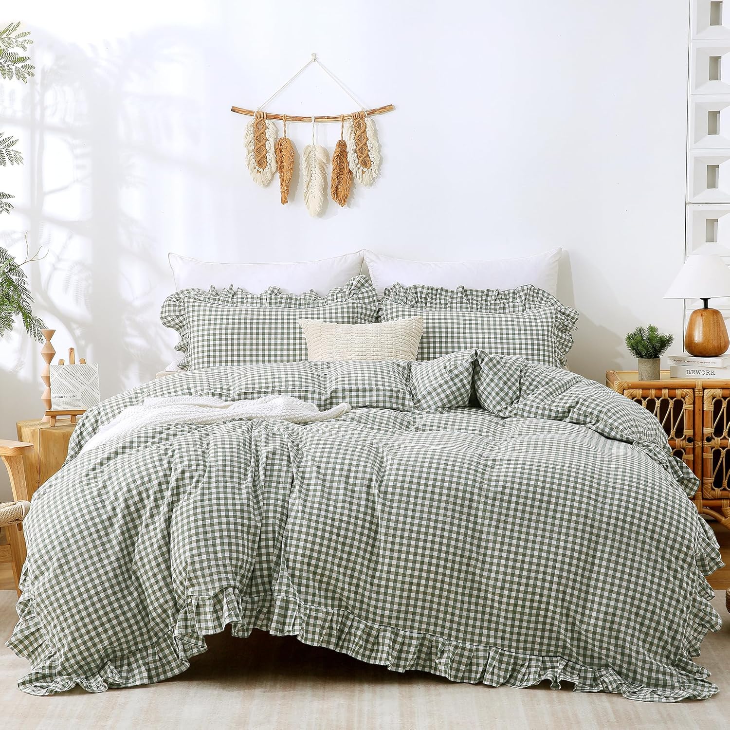 ATsense Green Gingham Duvet Cover Bedding Set 100% Washed Cotton Like Linen Feel Soft Breathable 3 Pcs Plaid Checkered Cute Ruffle Comforter Cover Set (Queen 90"x90", No Comforter)