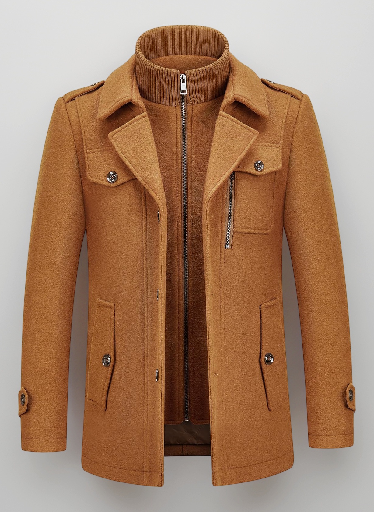 KUDORO Mens Wool Coats Short Winter Padded Trench Coat for Casual Business Outwear Thick Wool Blend Peacoat with Removable Inner Collar