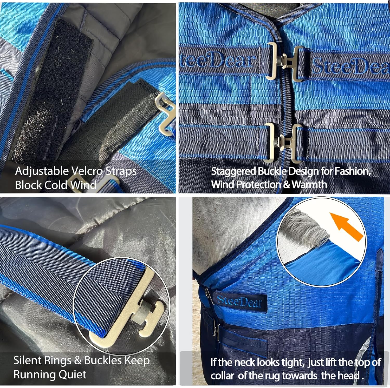 1200D Horse Blanket Turnout Sheet Waterproof and Breathable Lightweight/Medium Fill,Horse Turnout Rug for Real Horses, with Reflective Strips Design (Dark Blue, 81'')