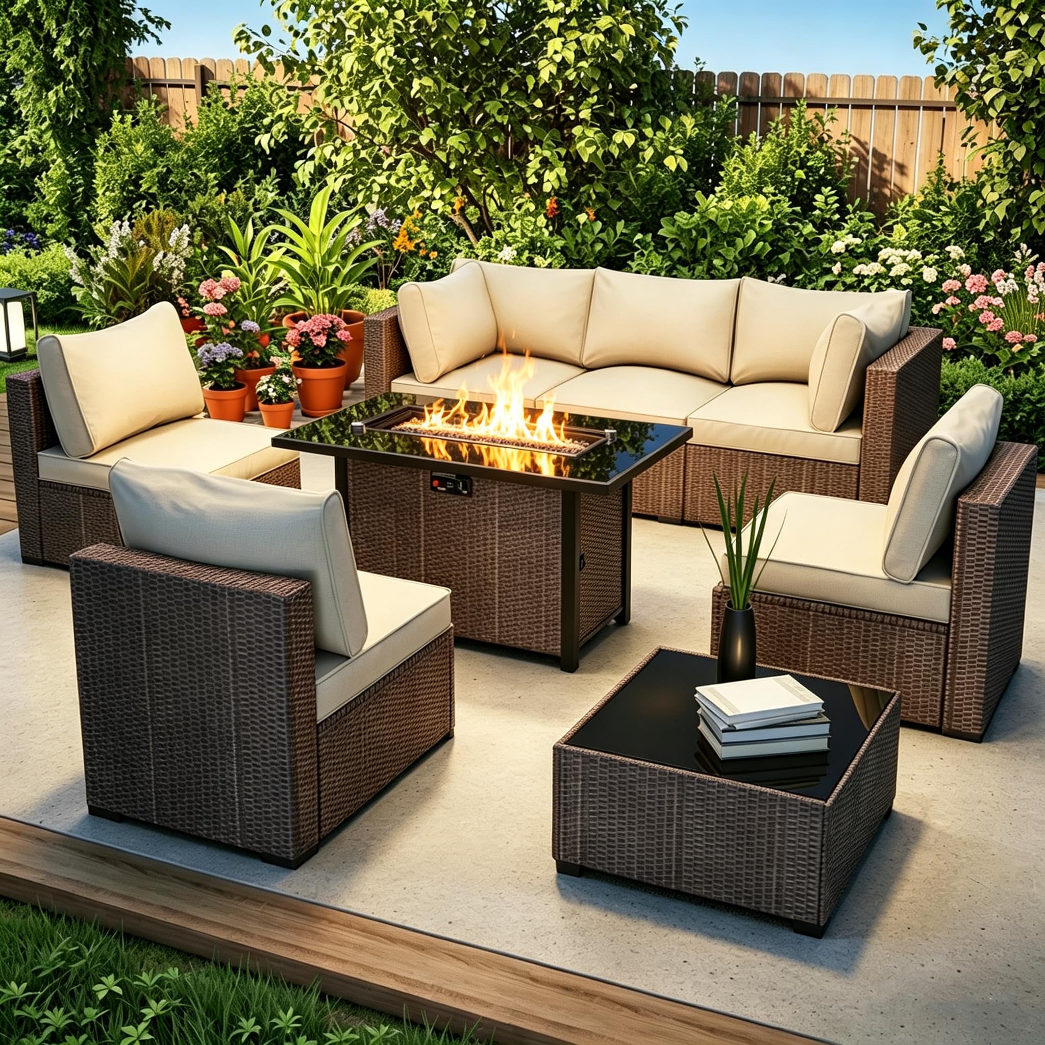 8 Piece Patio Furniture Set with Fire Pit Table, Wicker Outdoor Sectional Sofa Set, Conversation Sets with Comfy, High-Resilience Foam Anti-Slip