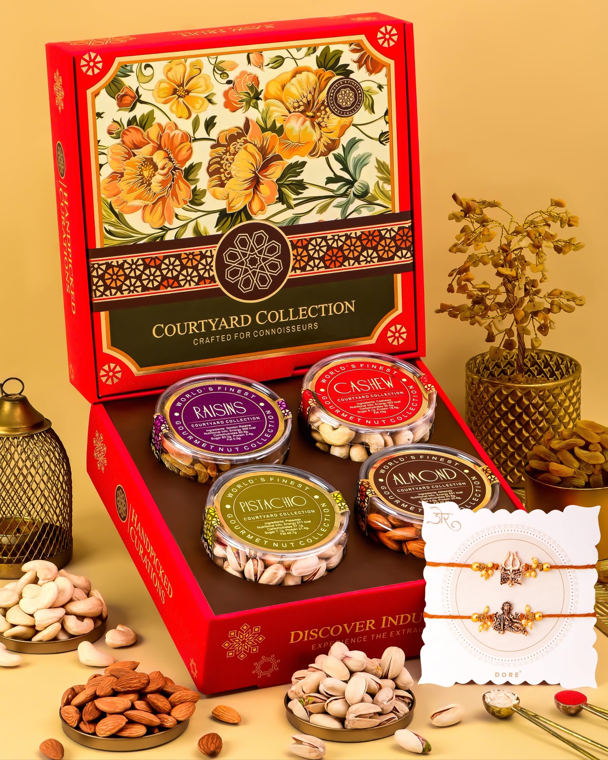 Hyperfoods® Rakhi with Dry Fruit Gift for Brother DryFruits Gift Pack 495g RawFruit Courtyard Collection Pack of 4 Dry Fruits Gift Box Rakhi Set of 2 Dry Fruits Hamper Rakhi Gift Hamper for Brother