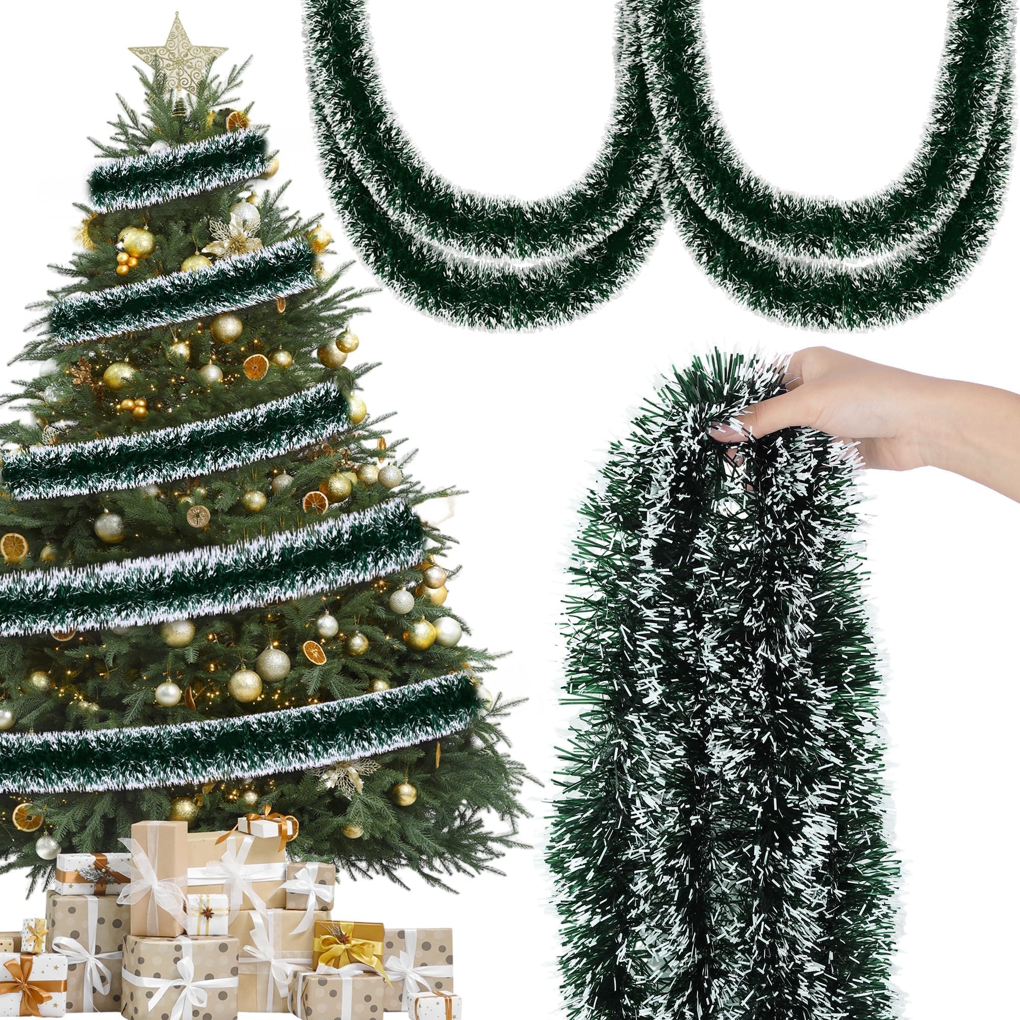 12M Tinsel Garland Metallic Twist Tinsel 9CM Thick Garland Hanging Decorations for Tree Wreath Wedding Events Party Supplies (Green and White)