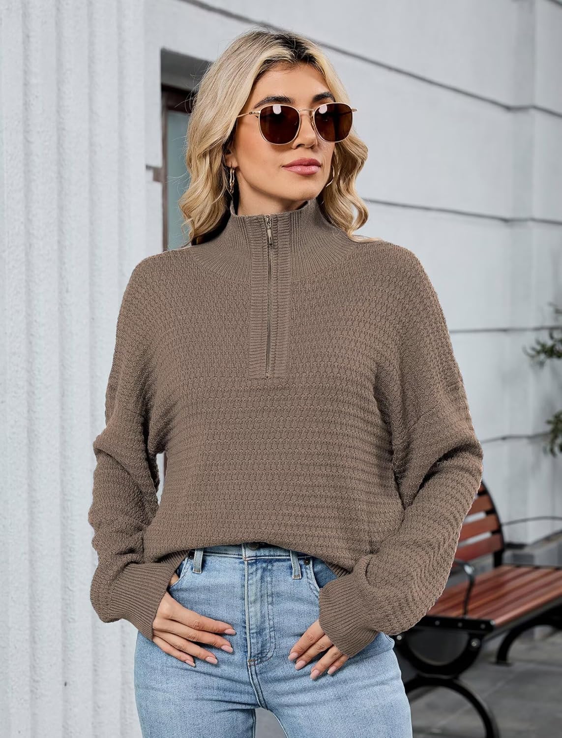 ZAFUL Womens Sweaters Quarter Zip Pullover V Neck Collar Long Sleeve Knit Sweater - Image 4