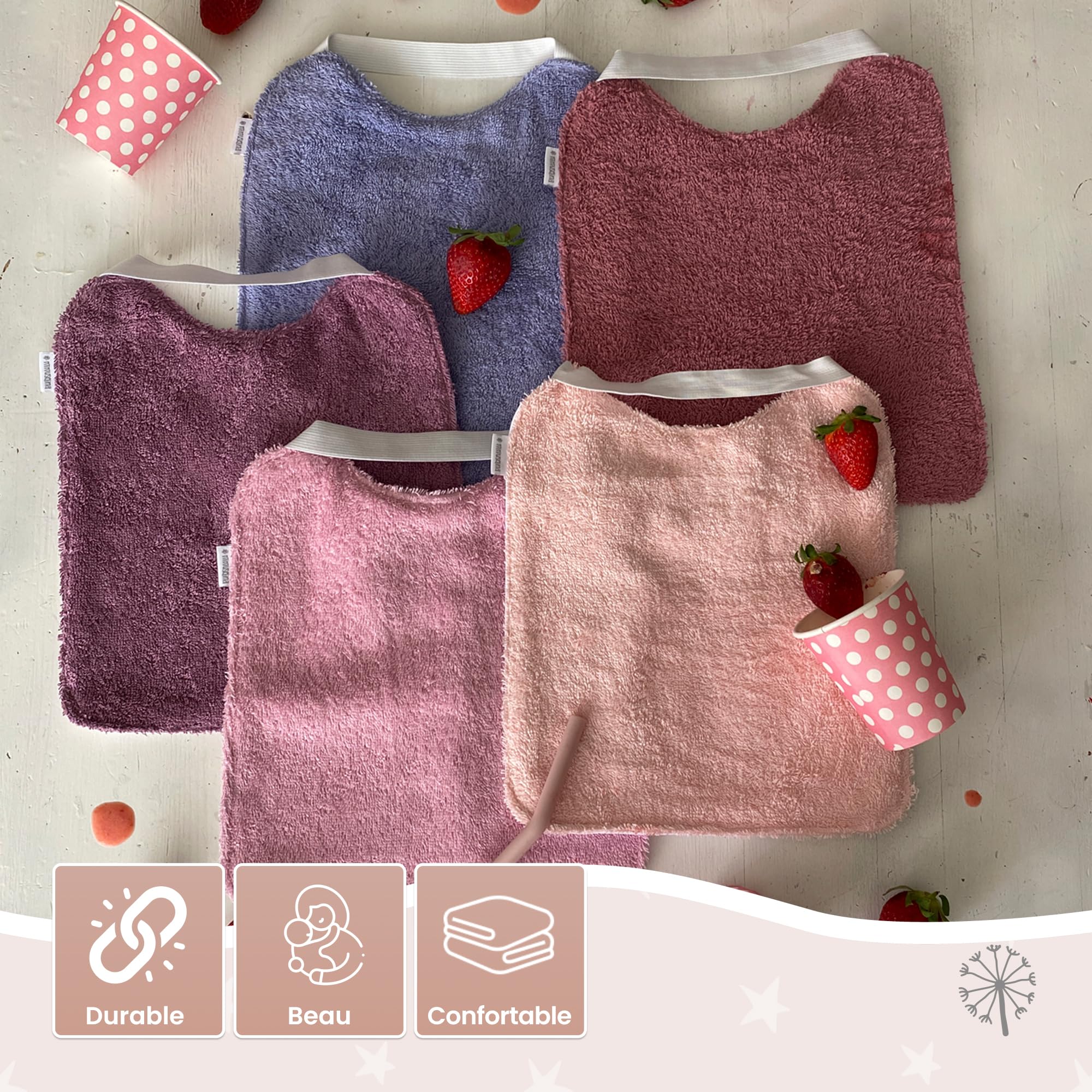 MIMUSELINA | Lot de 10 Bavoirs Bebe Imperméables en Coton avec Élastique au Cou | Grand Bavoir Bebe BLW en Éponge et Tissu Imperméable | Idéal pour la Crèche | Puericulture bébé | Fabriqué en Espagne