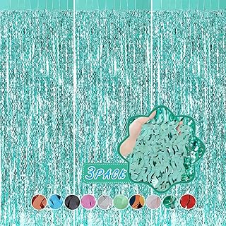 3 Pack Teal Aqua Blue Wave Foil Curtains - 3.3 ft x 6.6 ft Tinsel Metallic Streamers for Photo Booth Birthday Wedding Girl Princess Bachelorette Euphoria Theme Party Decorations