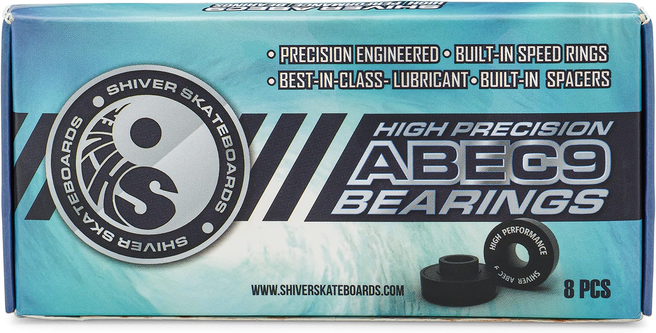 Shiver ABEC 9 Skateboard Bearings with Built-In Spacers and Speed Rings | High Performance Skateboard Parts with Grease used by NASA | Skateboard, Longboard, and Cruiser Accessories (8 per Pack)