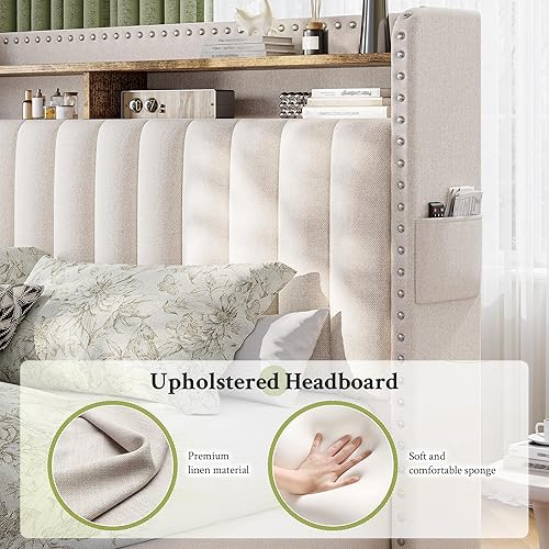 Miniatura 8 de EnHomee Base de cama tamaño Queen, marco de cama Queen tapizado con 2 cajones de almacenamiento y cabecera de 2 niveles, diseño de cabecera vertical