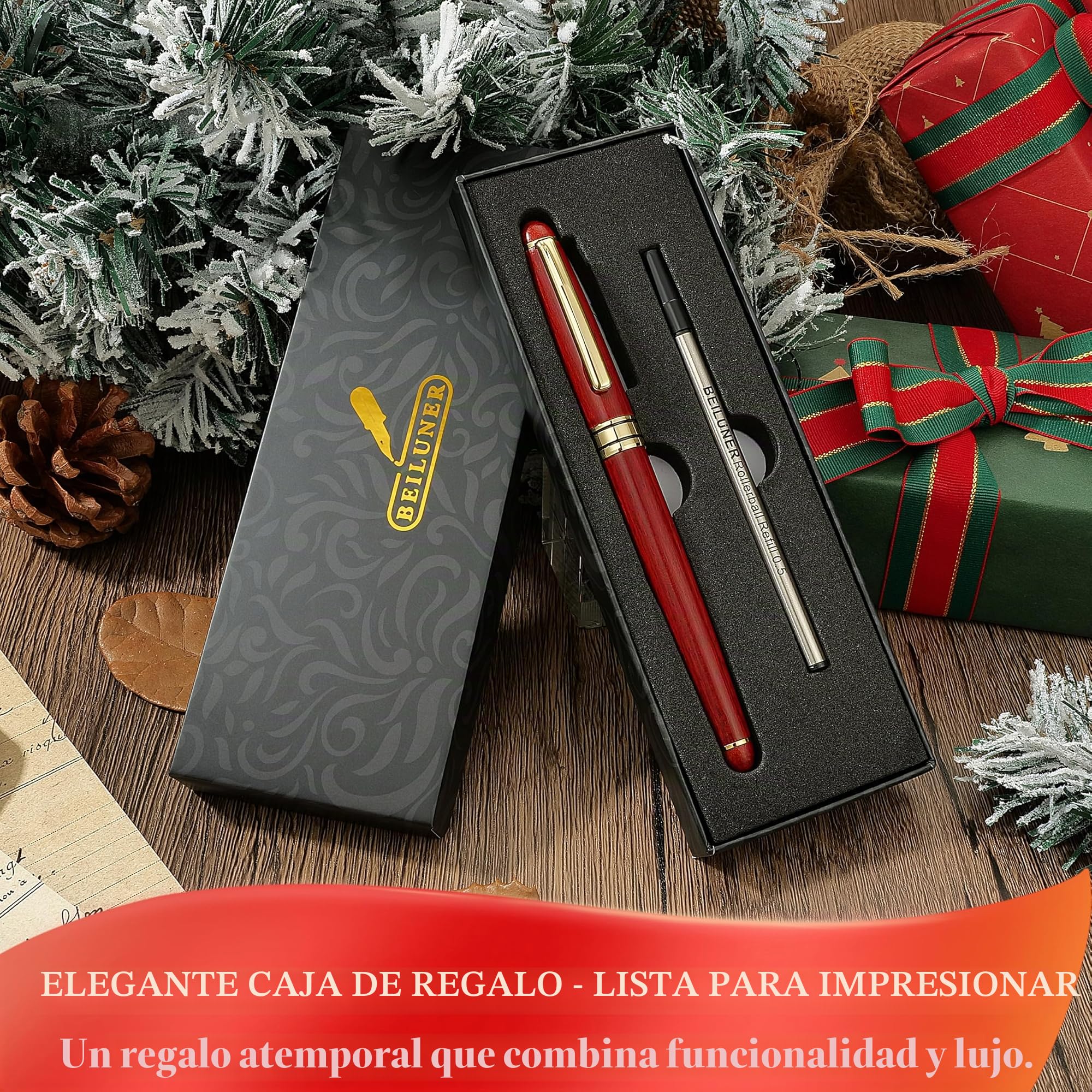 BEILUNER Set de Bolígrafos de Lujo de Madera de Palisandro - Elegante para Firma y Oficina Ejecutiva - Incluye Caja de Regalo y Recambios (Negro)
