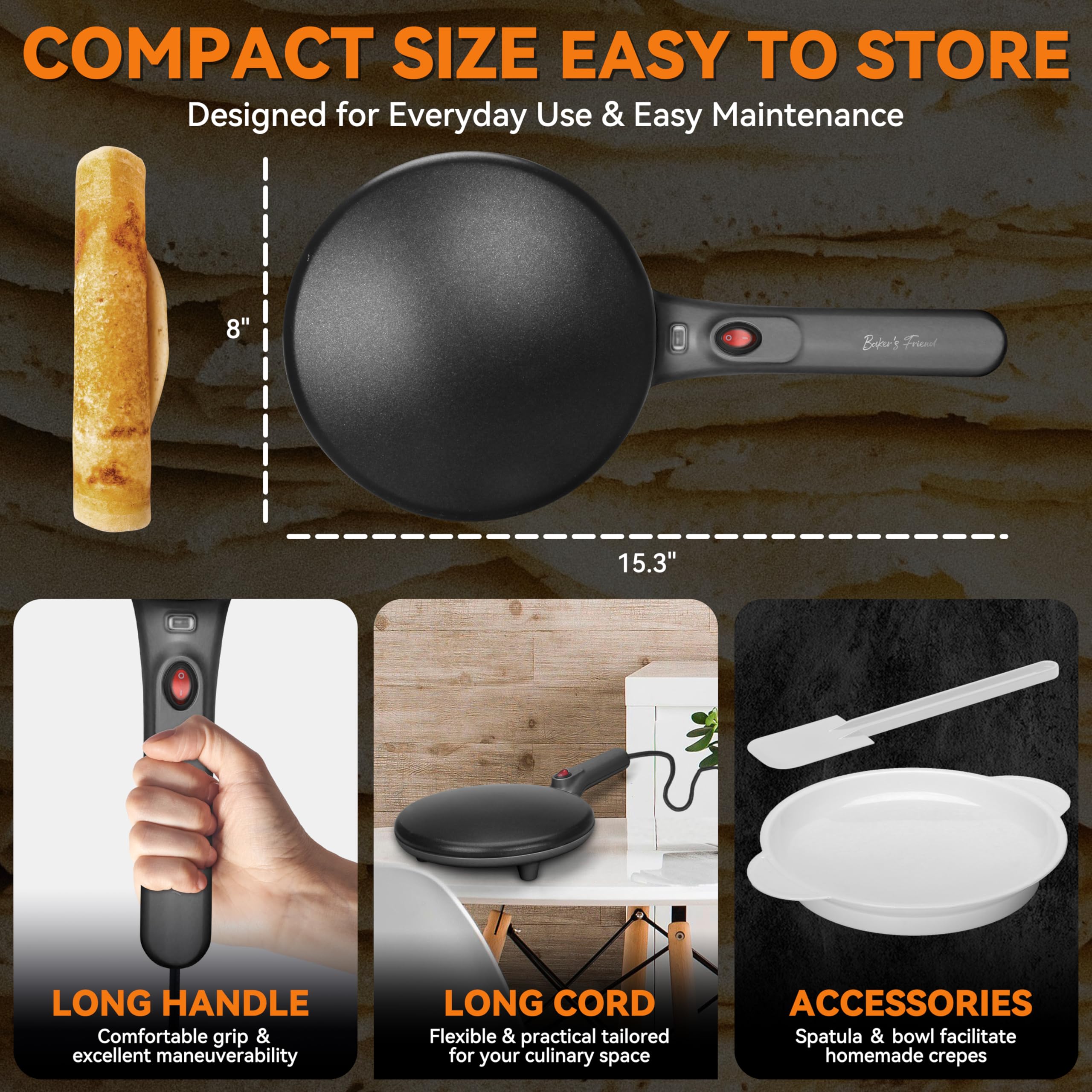 Baker's Friend Crepe Maker Machine with Auto Power Off, Portable Crepe Maker with Non Stick Dipping Plate, Automatic Temperature Control, Graphite